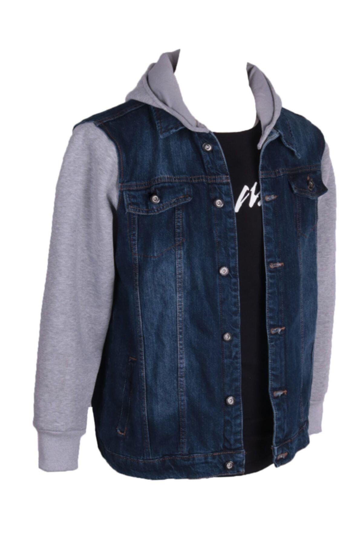 Erkek Kapüşonlu Denim Mont Mavi Kot Ceket