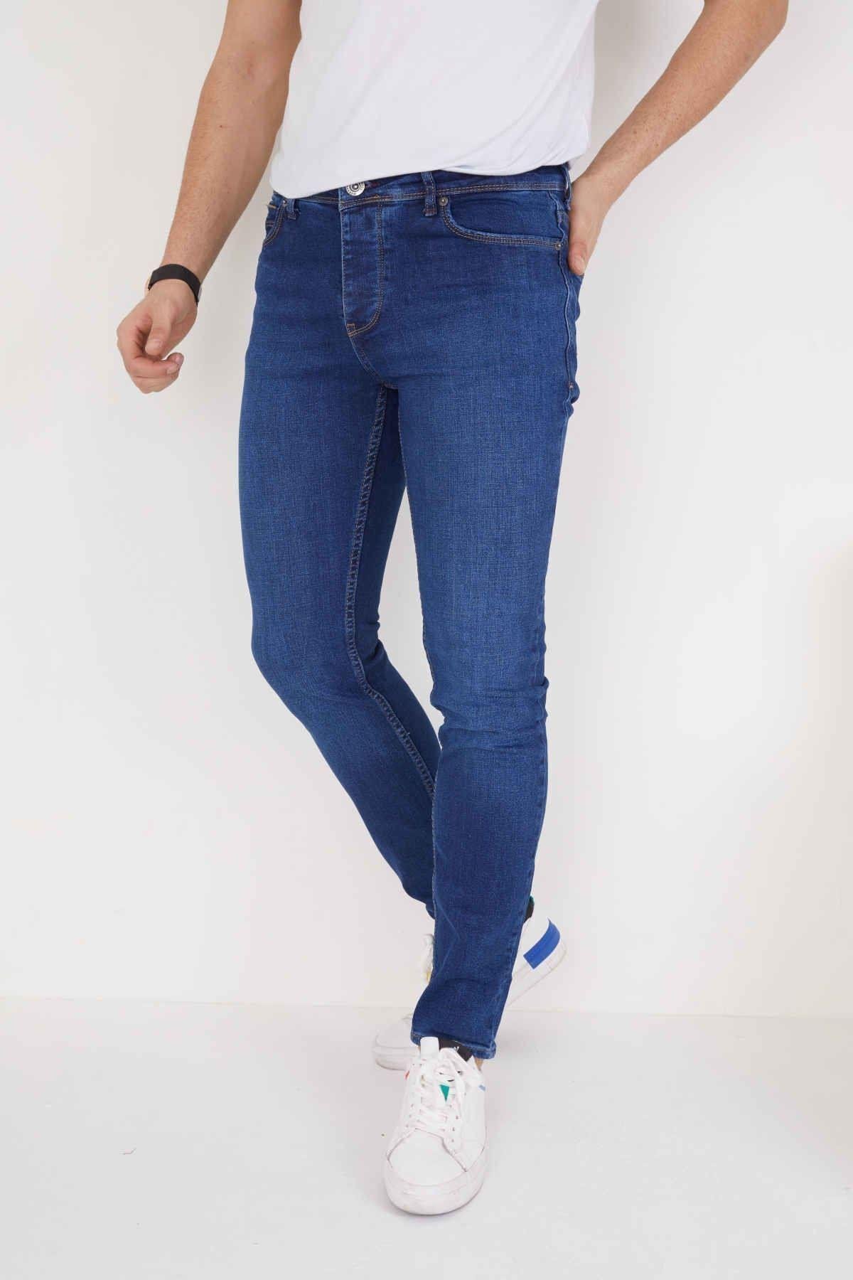 Erkek Koyu Mavi Düz Slim Fit Likralı Düz Paça Kot Pantolon