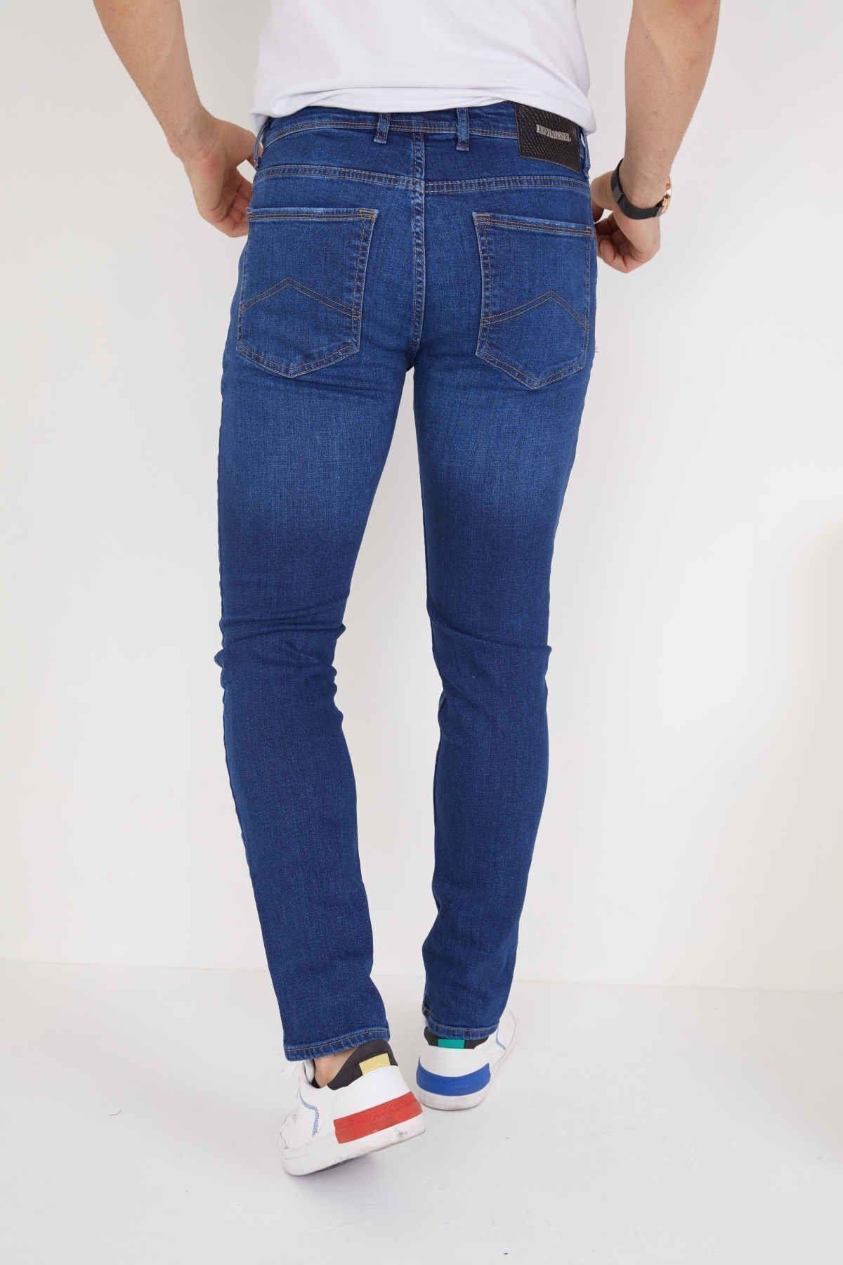 Erkek Koyu Mavi Düz Slim Fit Likralı Düz Paça Kot Pantolon