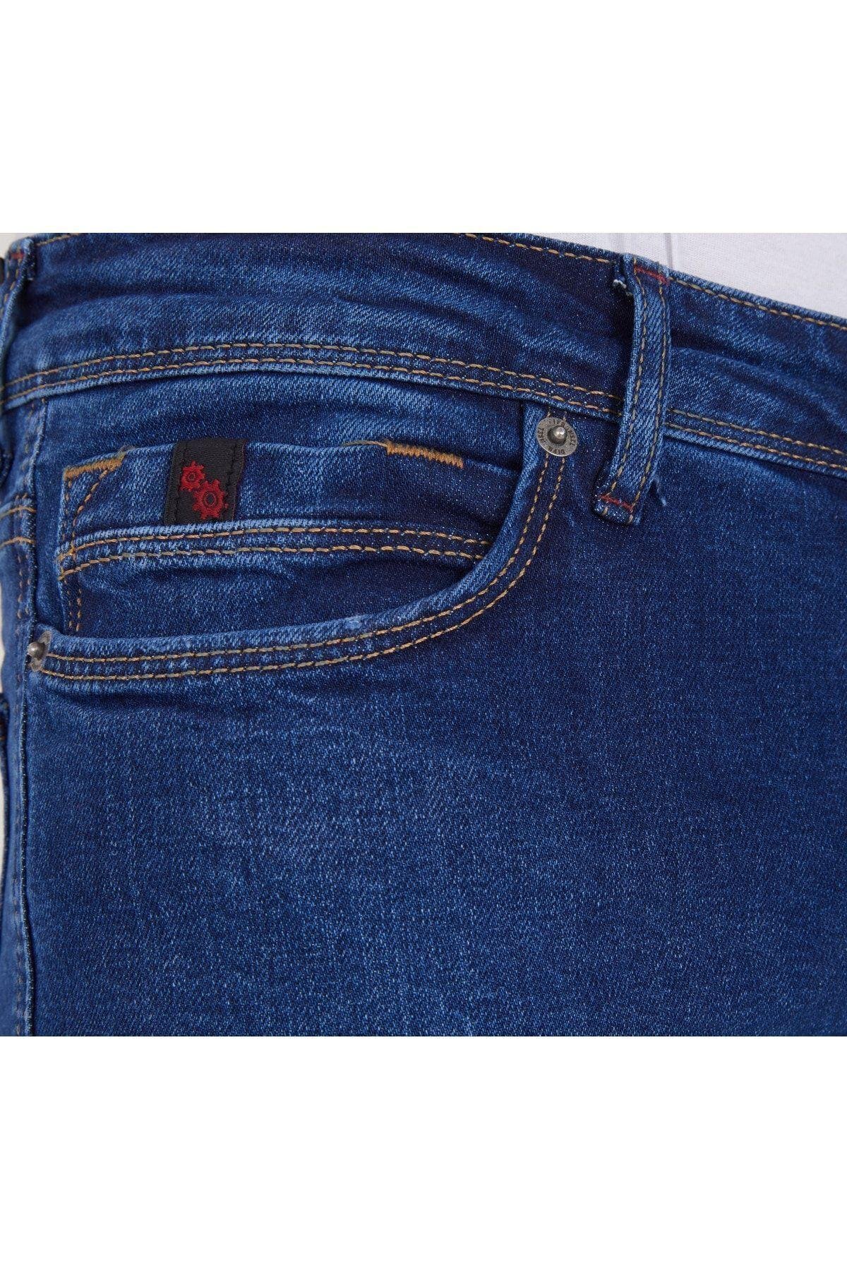 Erkek Koyu Mavi Düz Slim Fit Likralı Düz Paça Kot Pantolon