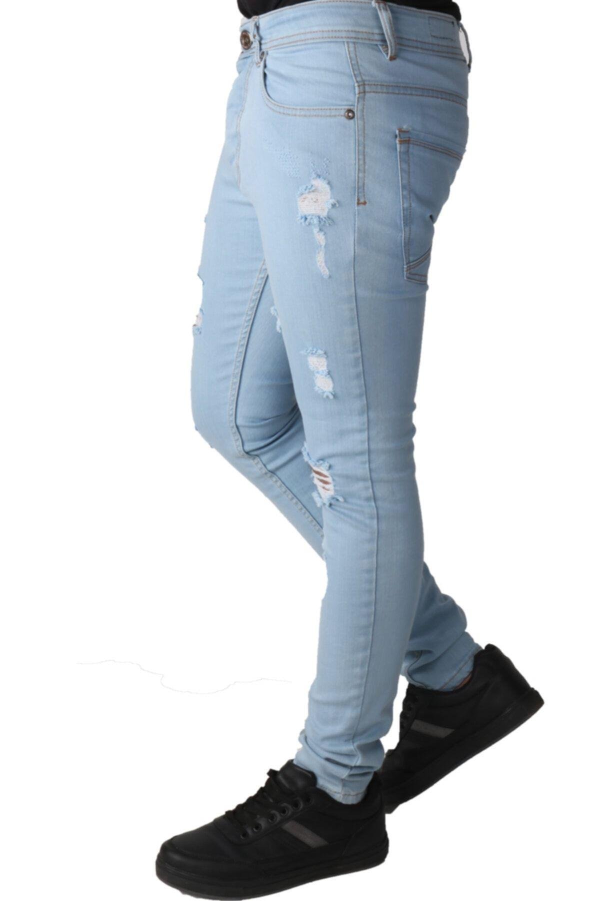 Erkek Lazer Işlmli Kot Giyimaçık Mavi Denim Pantolon