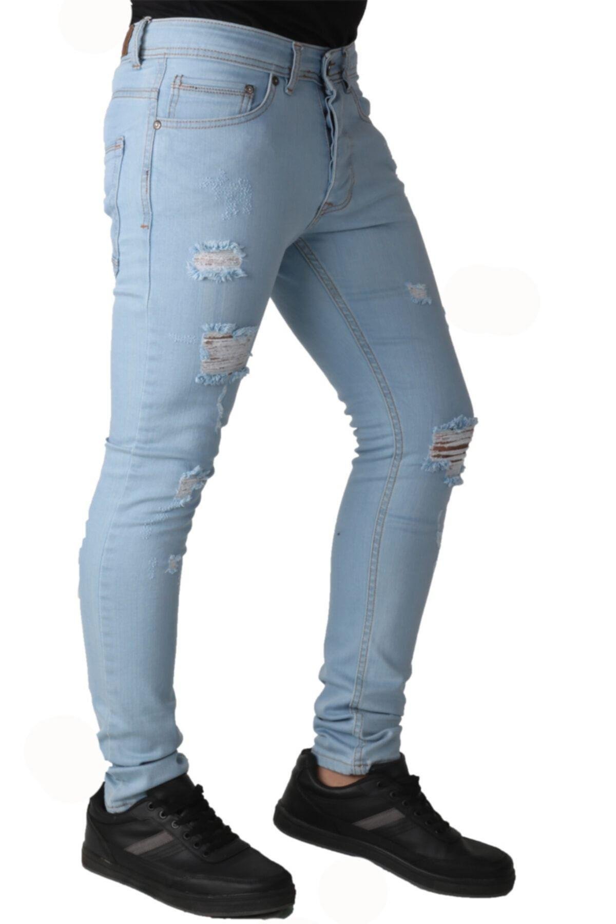 Erkek Lazer Işlmli Kot Giyimaçık Mavi Denim Pantolon