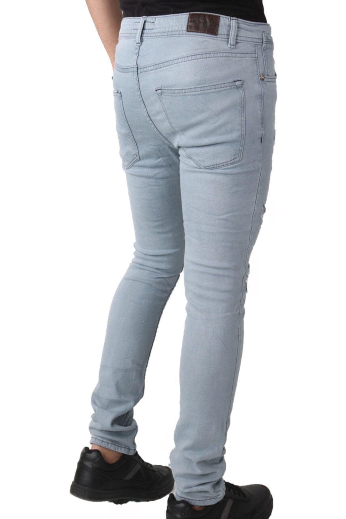Erkek Lazerli Jeans Buz Mavi Kot Pantolon