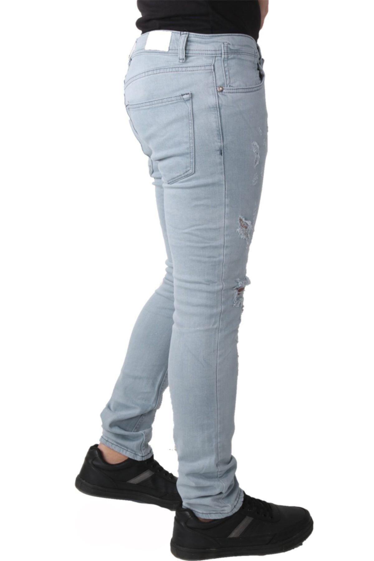 Erkek Lazerli Jeans Buz Mavi Kot Pantolon