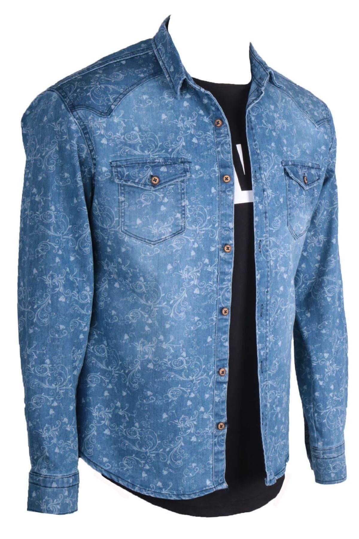 Erkek Mavi Denim Gömlek Baskılı Trent