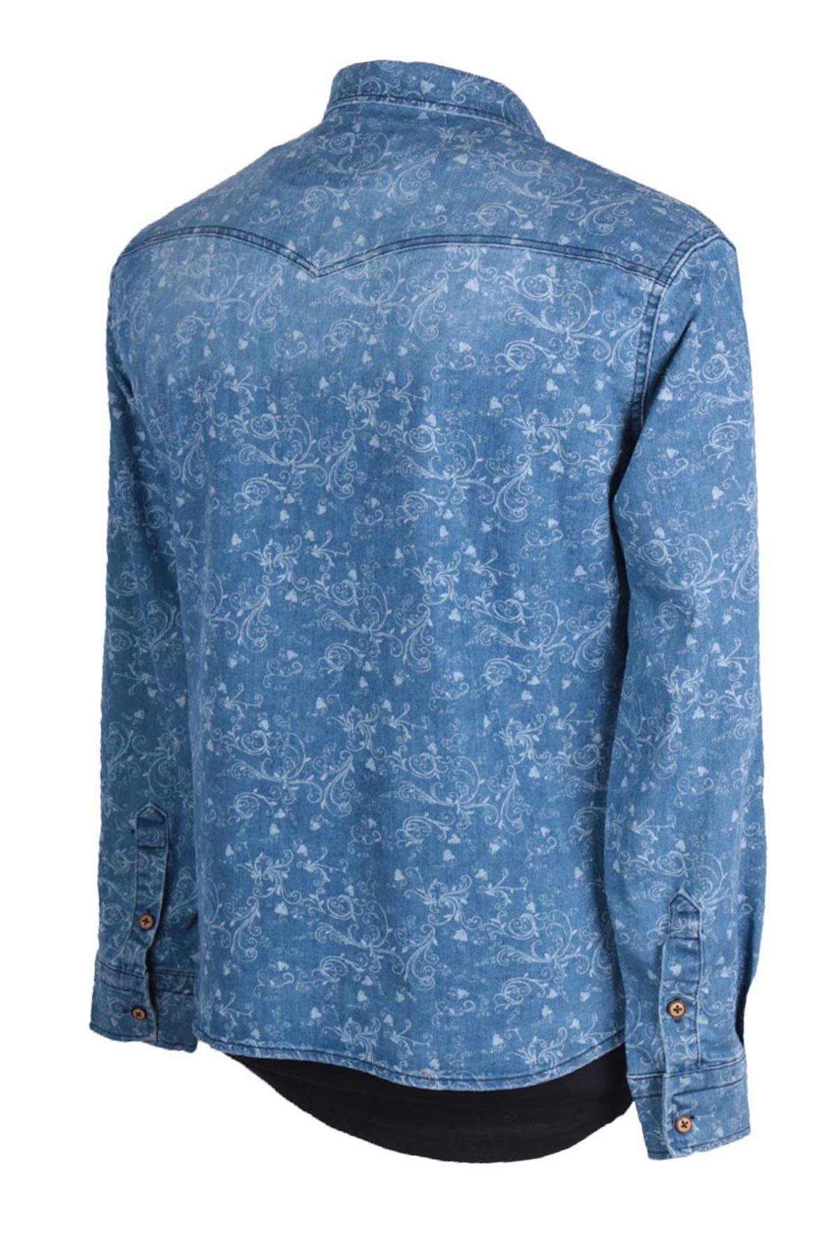 Erkek Mavi Denim Gömlek Baskılı Trent