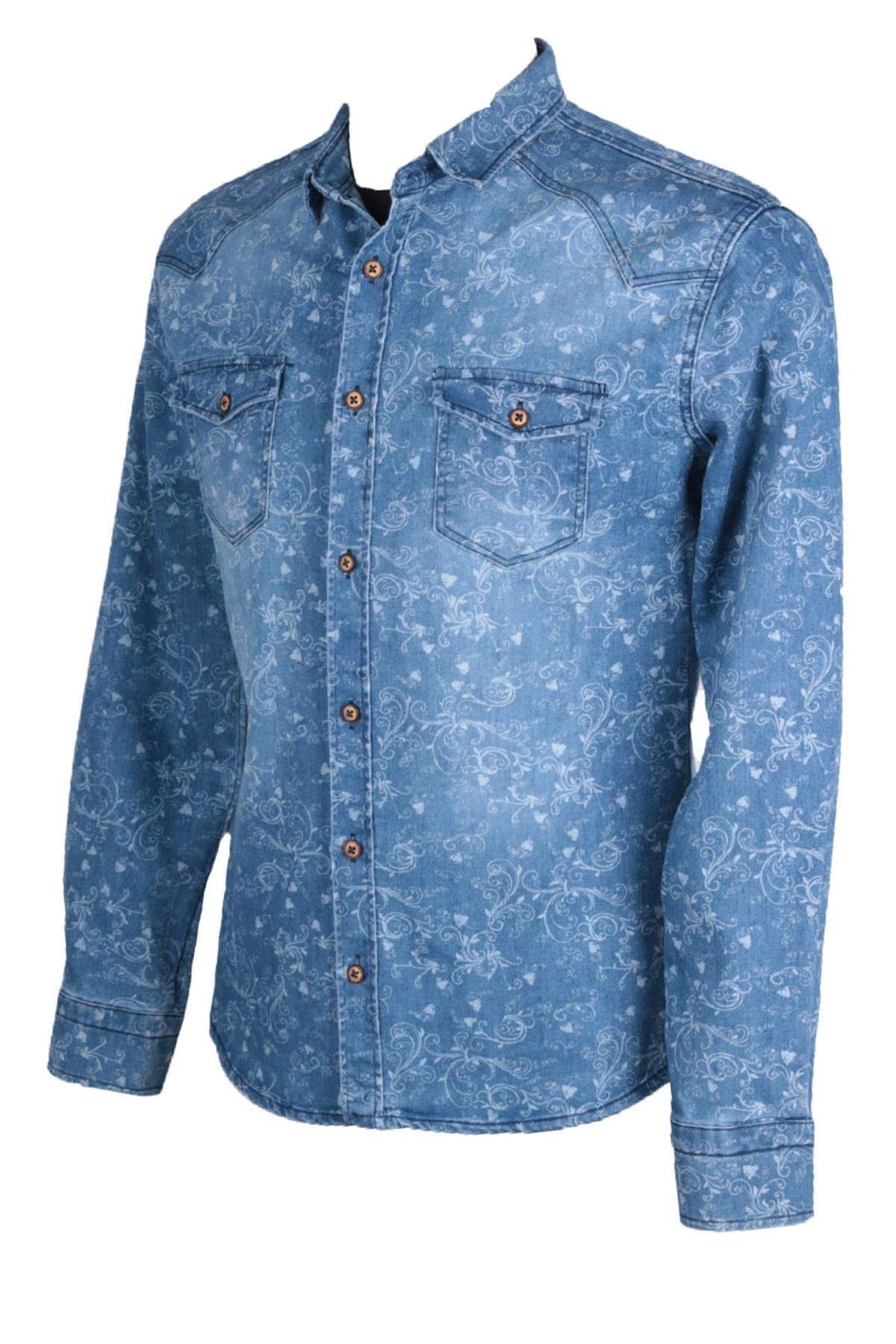 Erkek Mavi Denim Gömlek Baskılı Trent