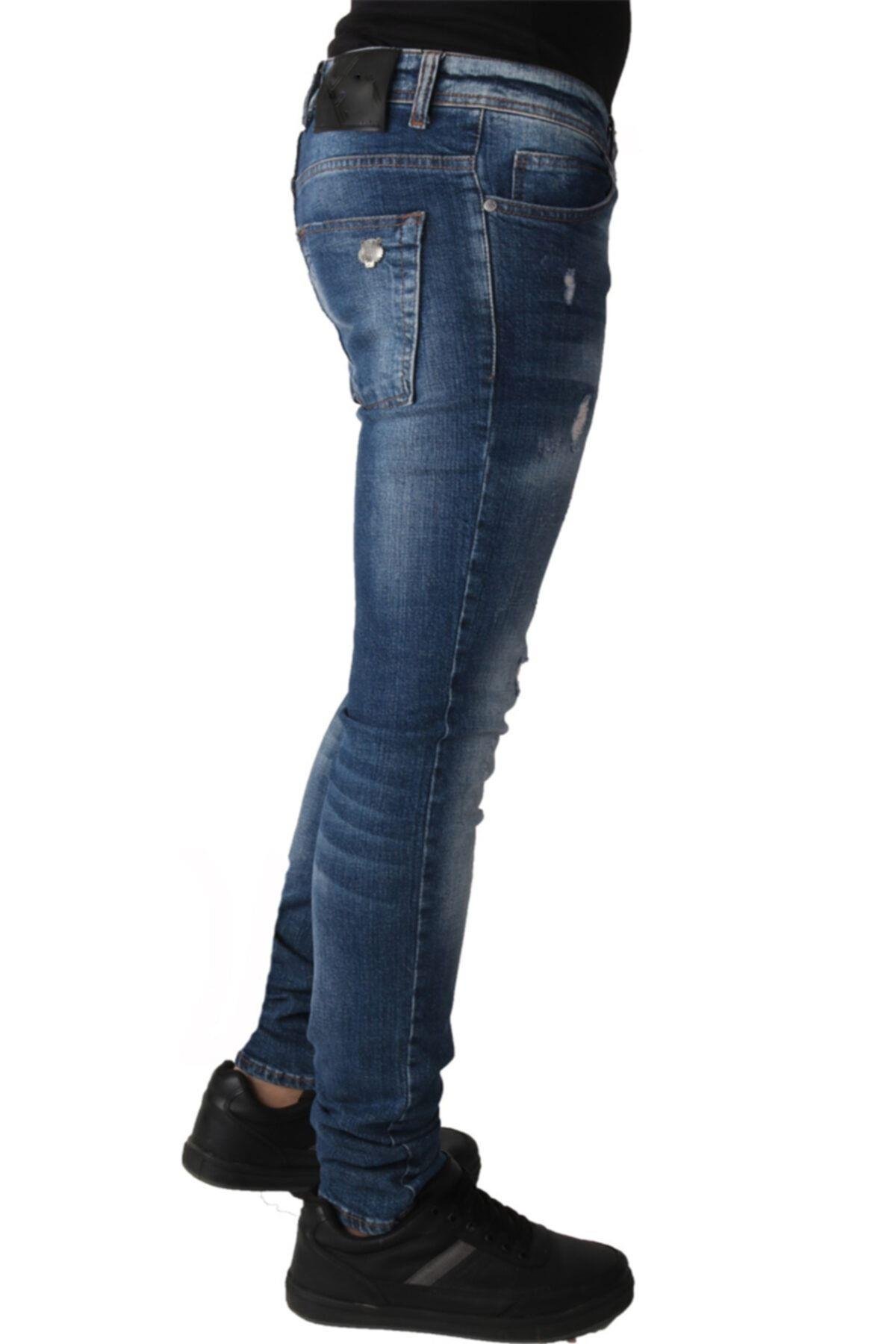 Erkek Mavi Denim Lzr Işlemli Pantolon
