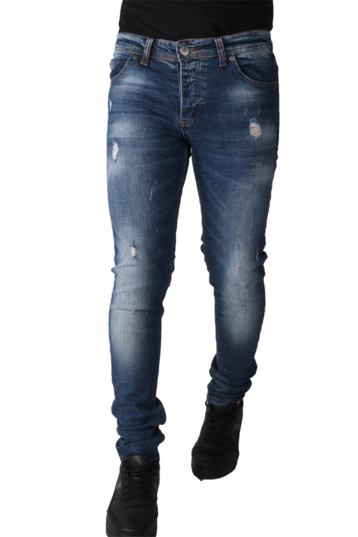 Erkek Mavi Denim Lzr Işlemli Pantolon