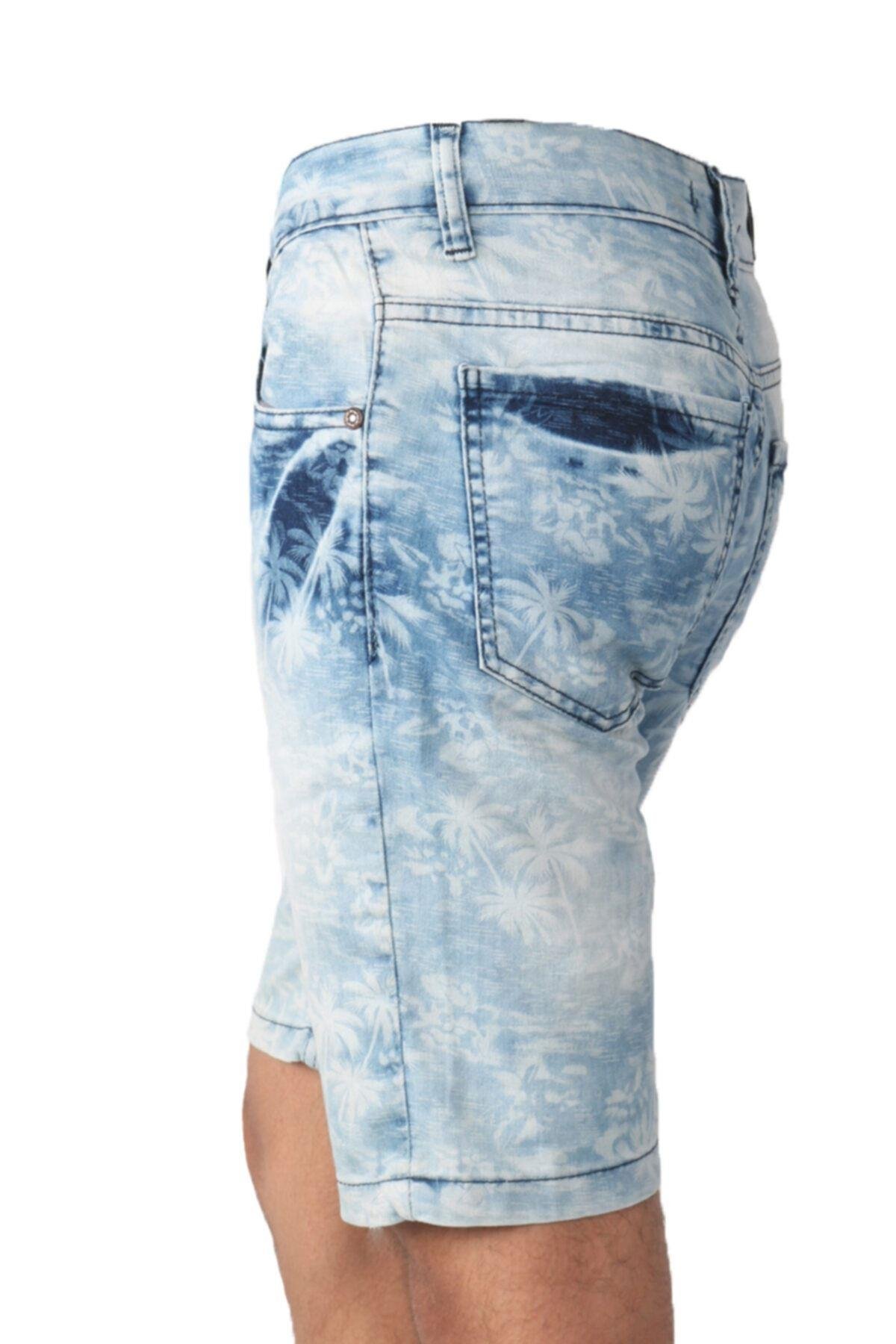 Erkek Mavi Denim Palmiye Desenli Şort