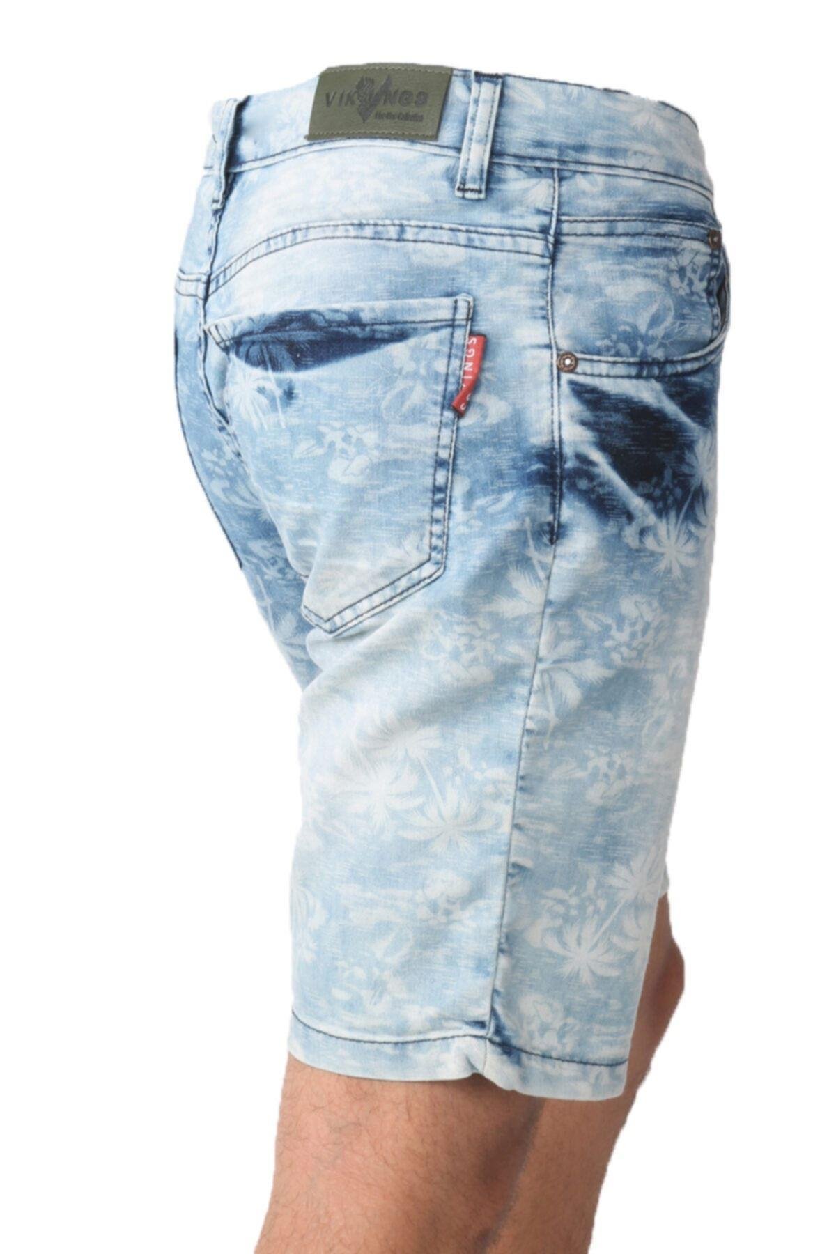 Erkek Mavi Denim Palmiye Desenli Şort