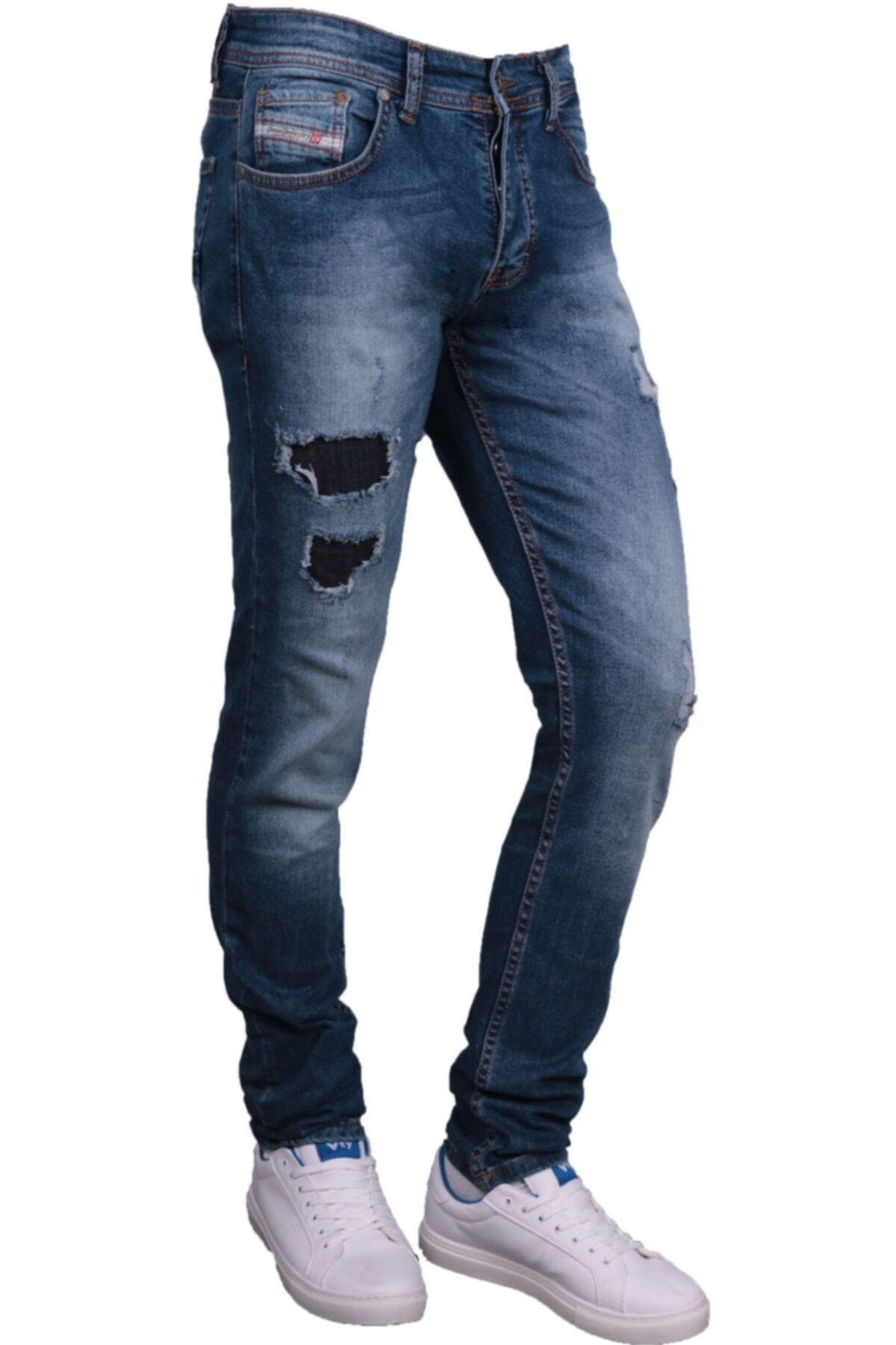 Erkek Mavi Denim Perç Işlemli Spor Trent Pantolon