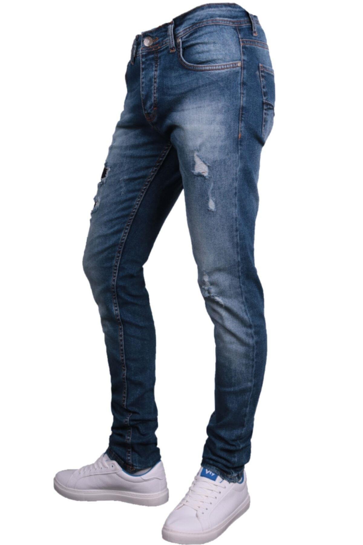 Erkek Mavi Denim Perç Işlemli Spor Trent Pantolon