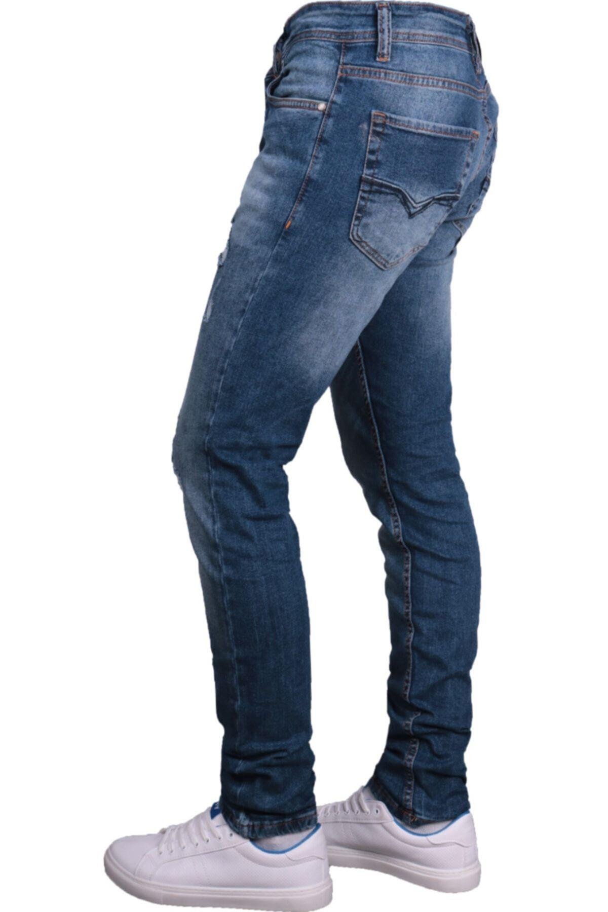 Erkek Mavi Denim Perç Işlemli Spor Trent Pantolon
