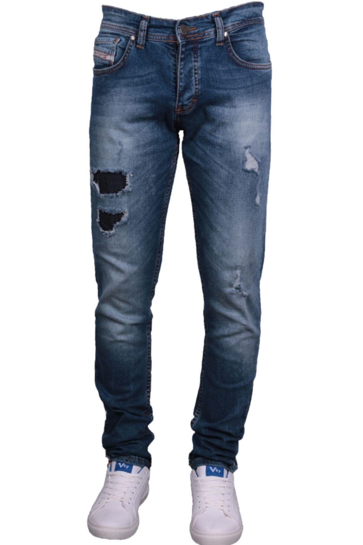 Erkek Mavi Denim Perç Işlemli Spor Trent Pantolon