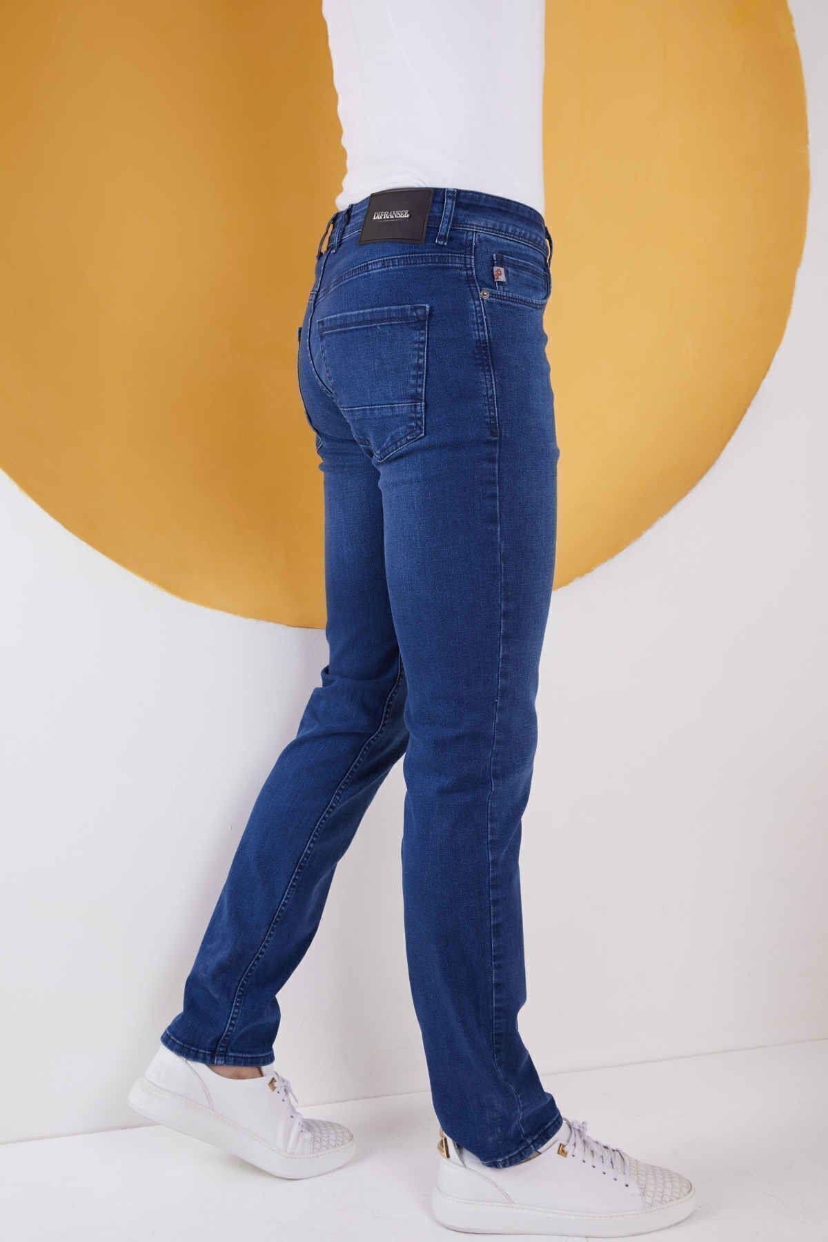 Erkek Mavi Düz Regular Fit Likralı Düz Paça Kot Pantolon
