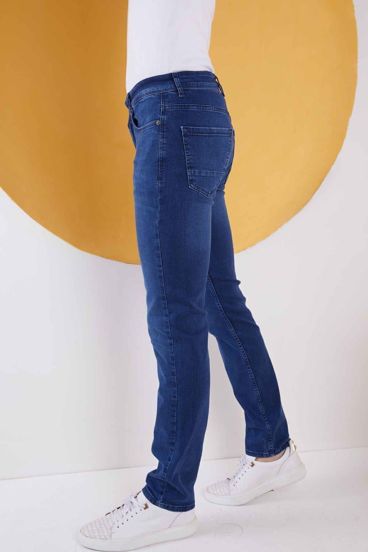 Erkek Mavi Düz Regular Fit Likralı Düz Paça Kot Pantolon