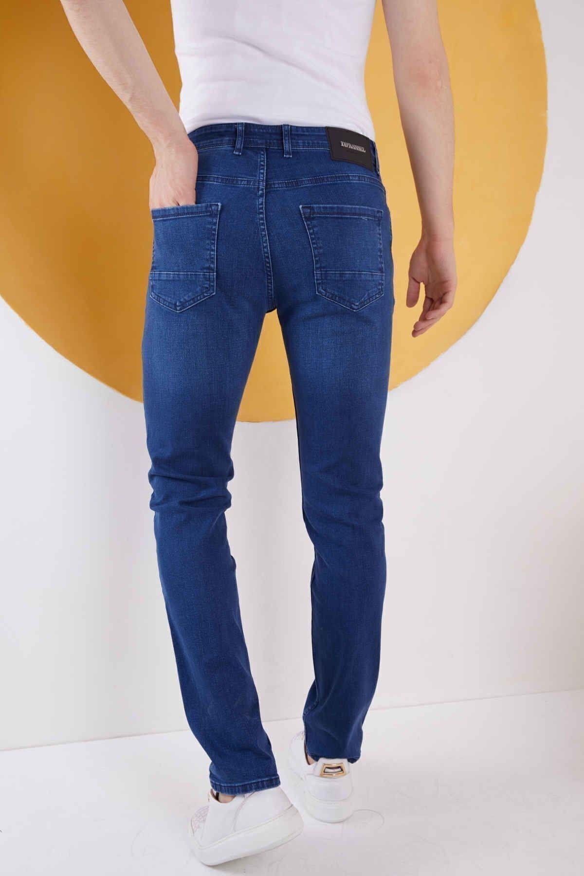 Erkek Mavi Düz Regular Fit Likralı Düz Paça Kot Pantolon