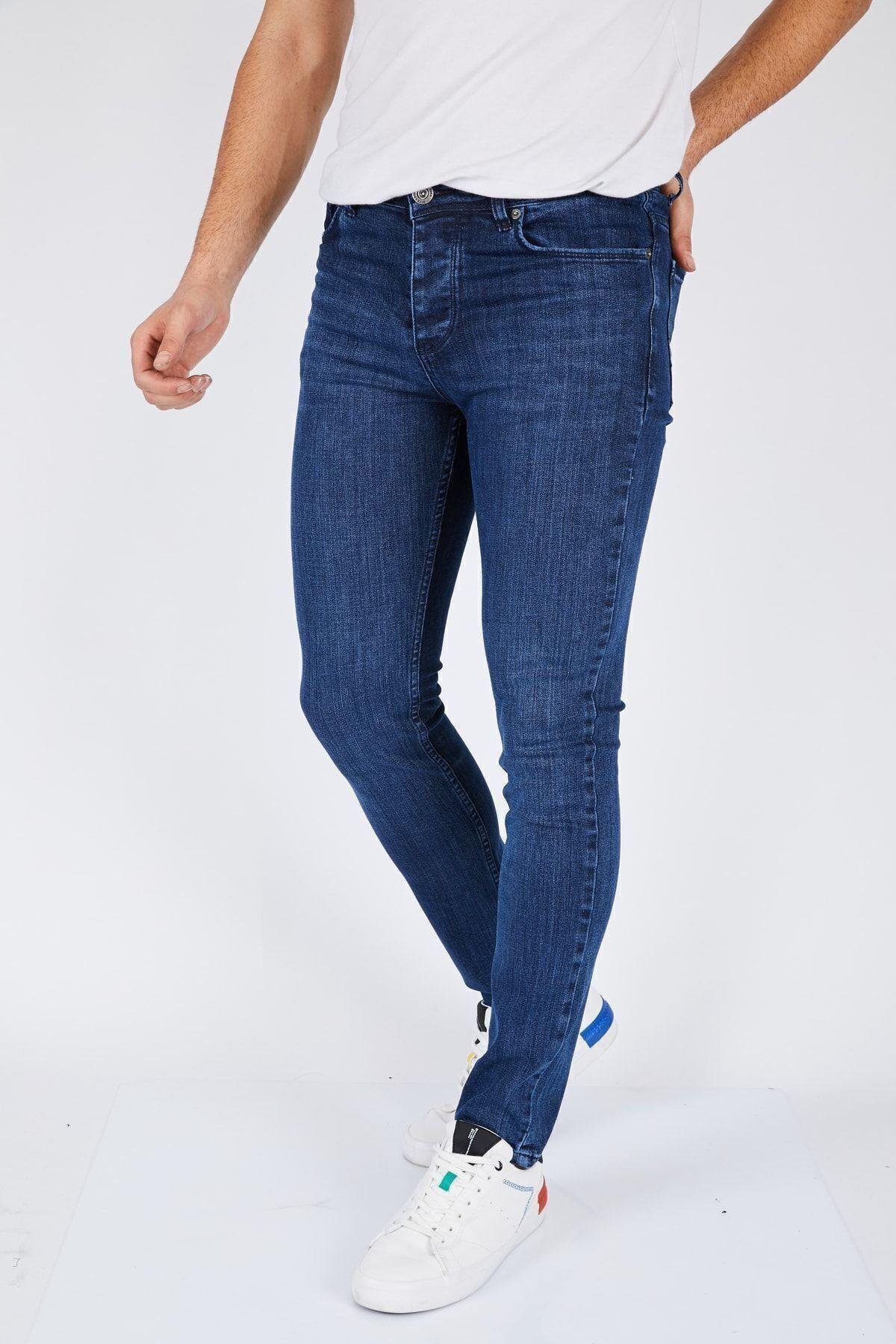 Erkek Mavi Düz Slim Fit Likralı Dar Paça Kot Pantolon