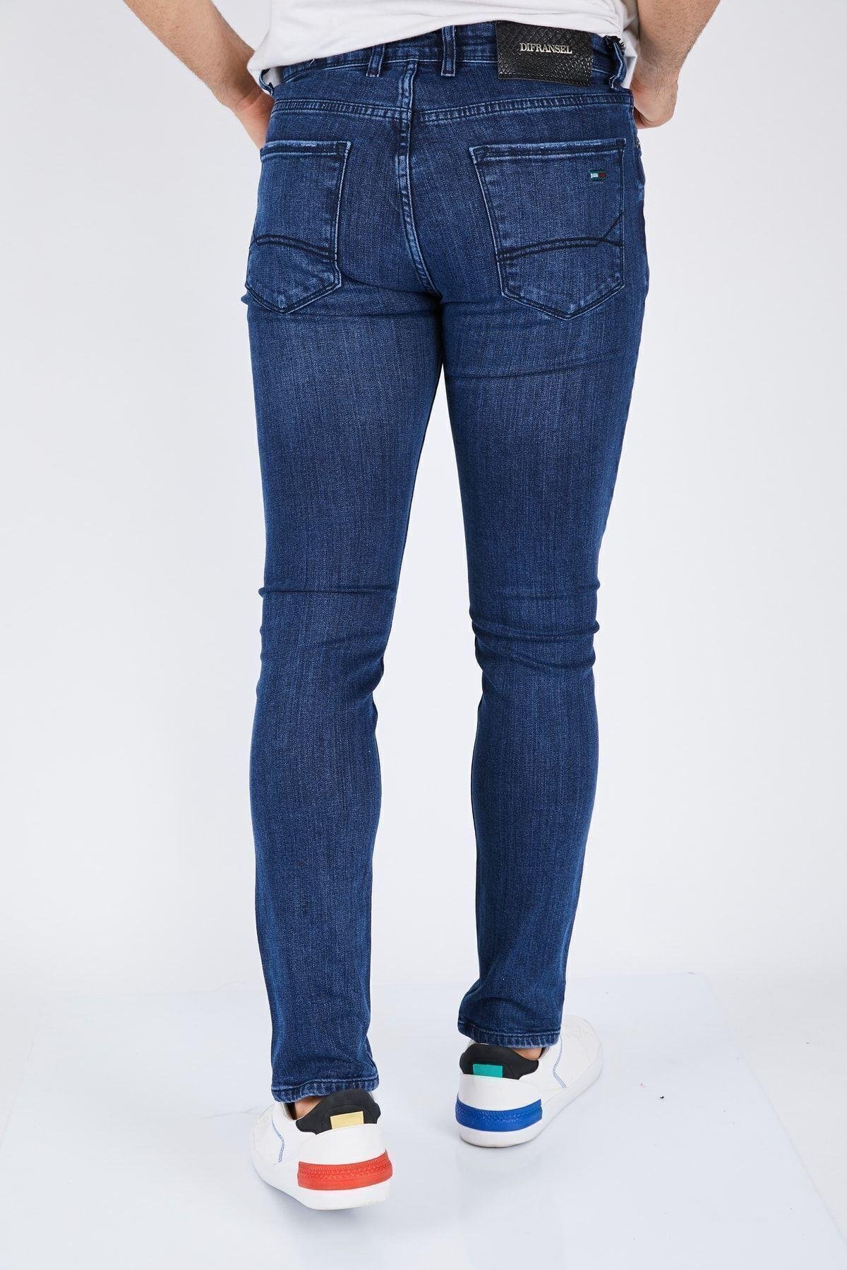 Erkek Mavi Düz Slim Fit Likralı Dar Paça Kot Pantolon