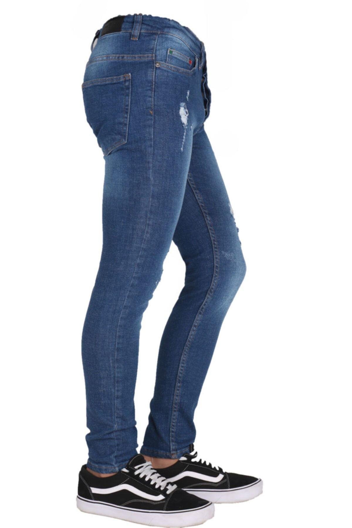 Erkek Mavi Lazer İşlemeli Denim Pantolon