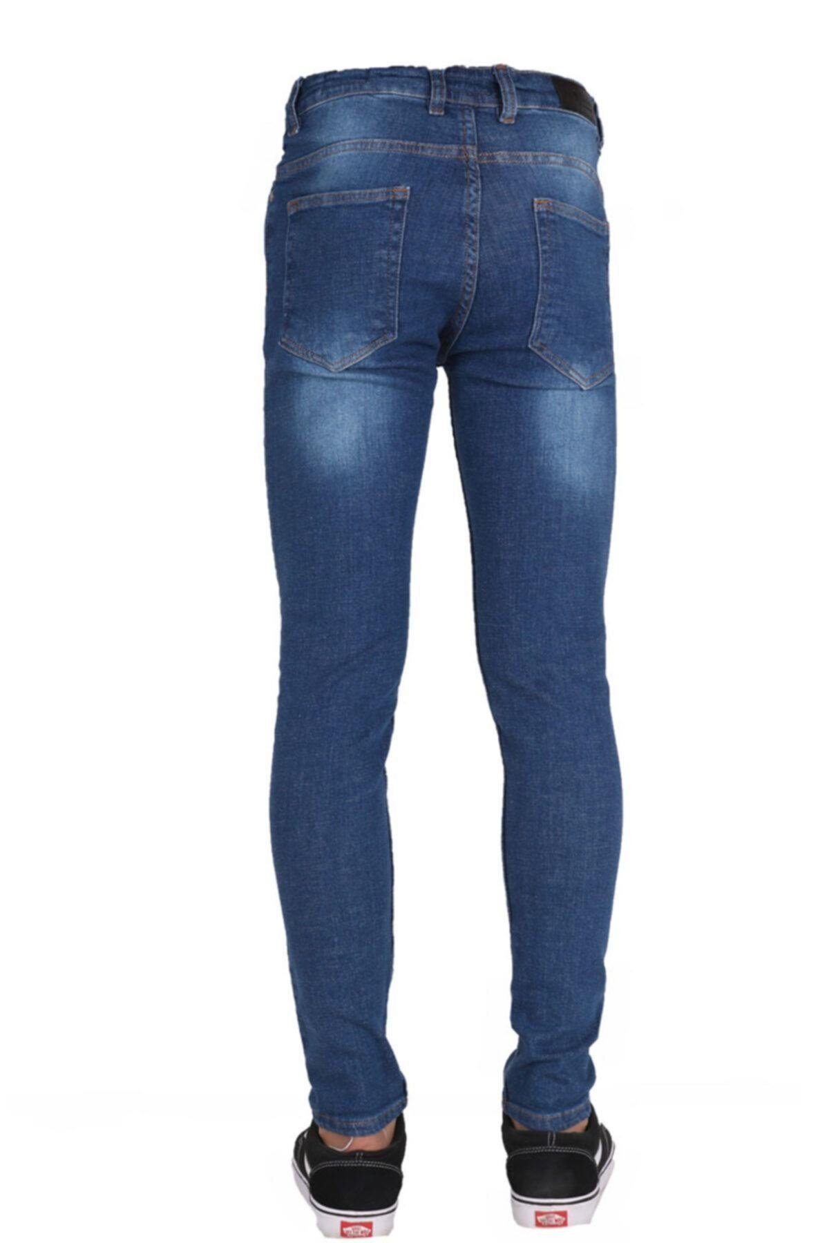 Erkek Mavi Lazer İşlemeli Denim Pantolon