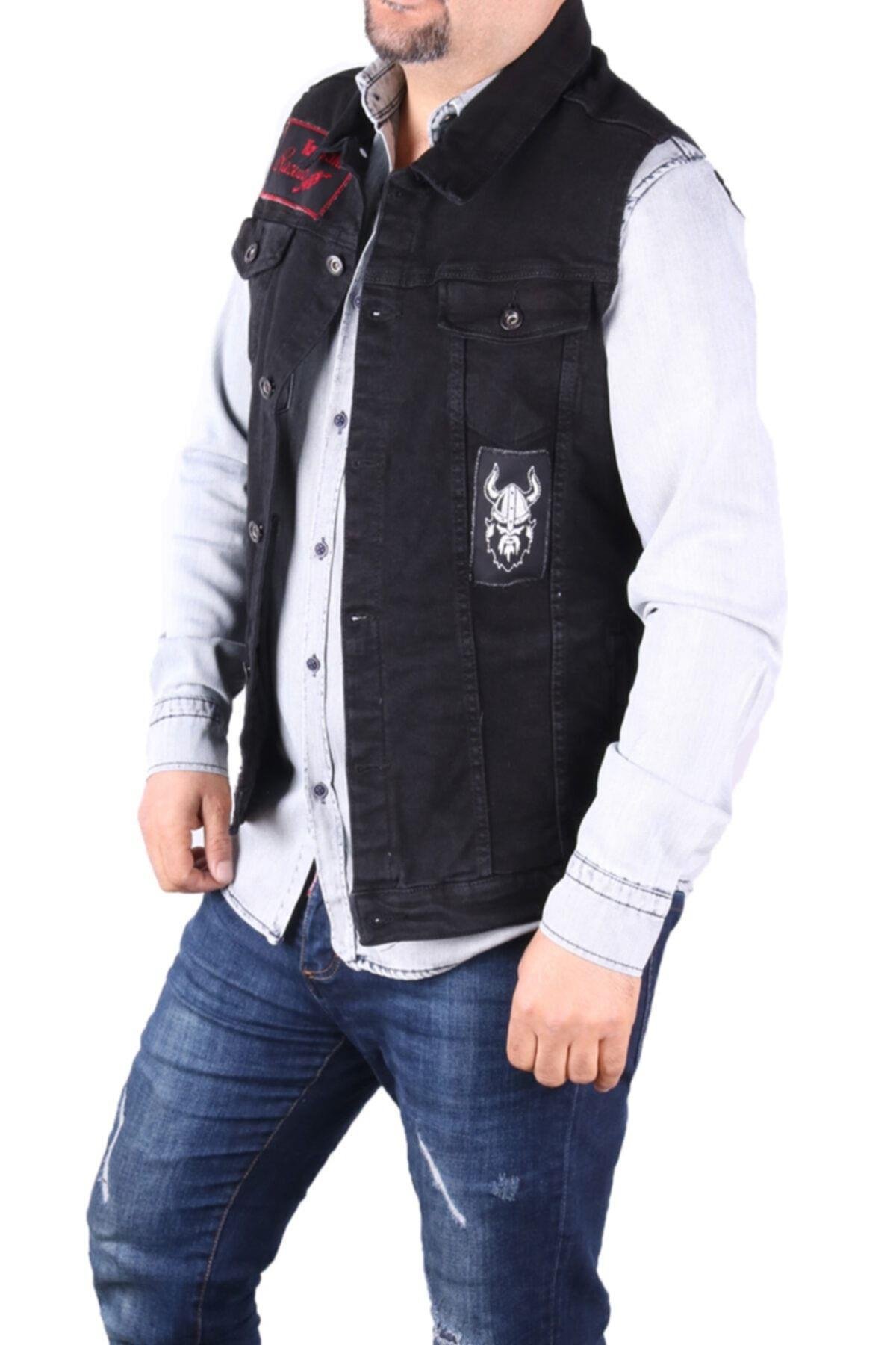 Erkek Siyah Arma İşlemeli Denim Yelek 83494