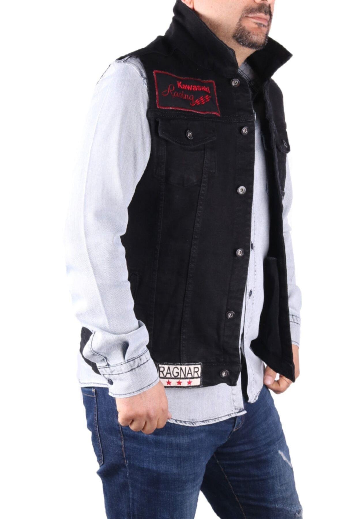 Erkek Siyah Arma İşlemeli Denim Yelek 83494