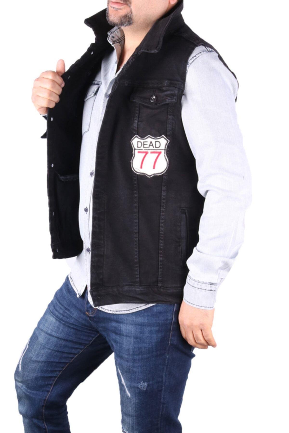 Erkek Siyah Denim Yelek Arma İşlemli  Yelek