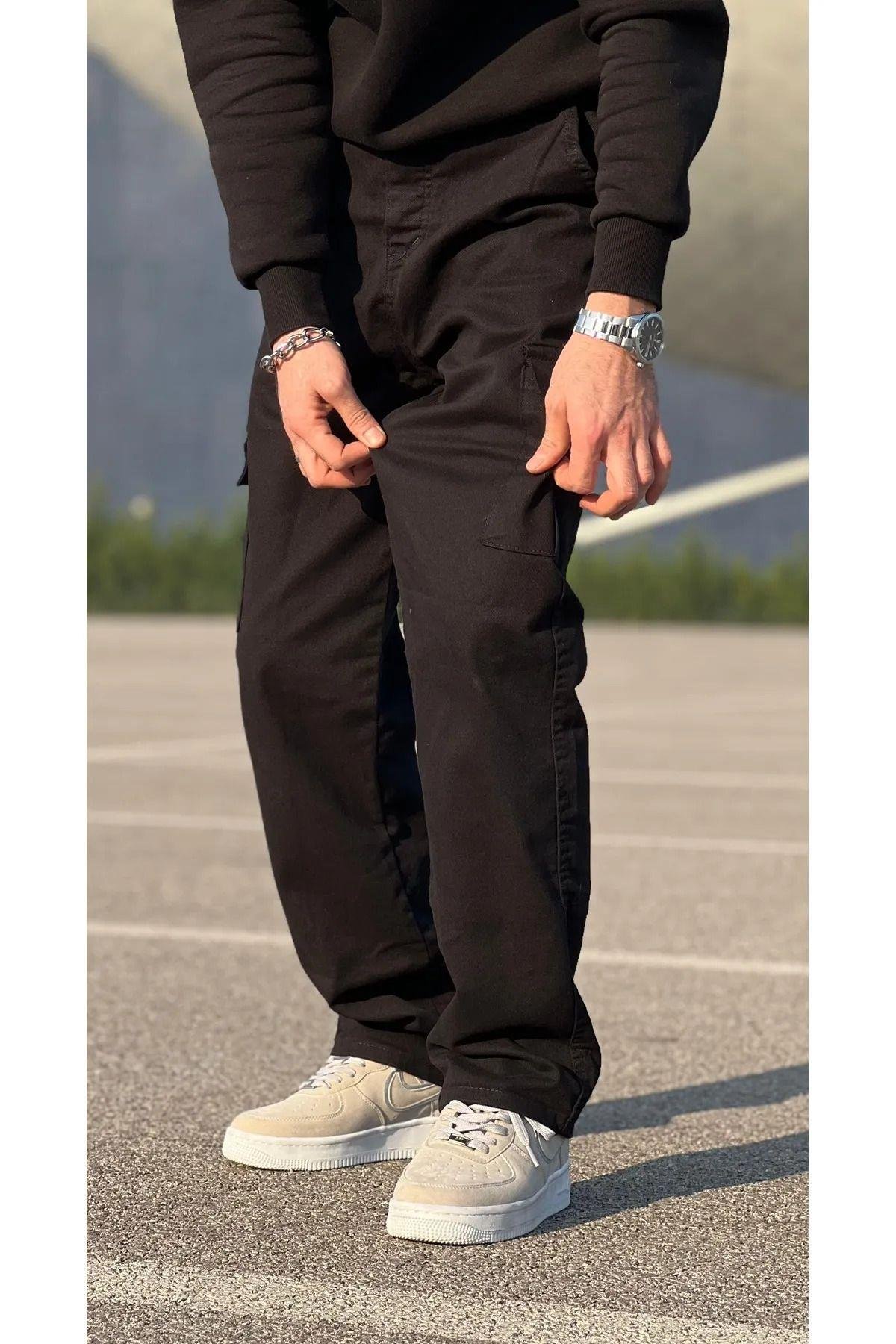 Erkek Siyah Kargo Cepli Baggy Pantolon