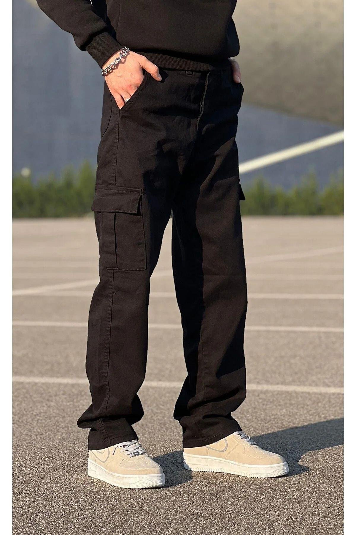 Erkek Siyah Kargo Cepli Baggy Pantolon