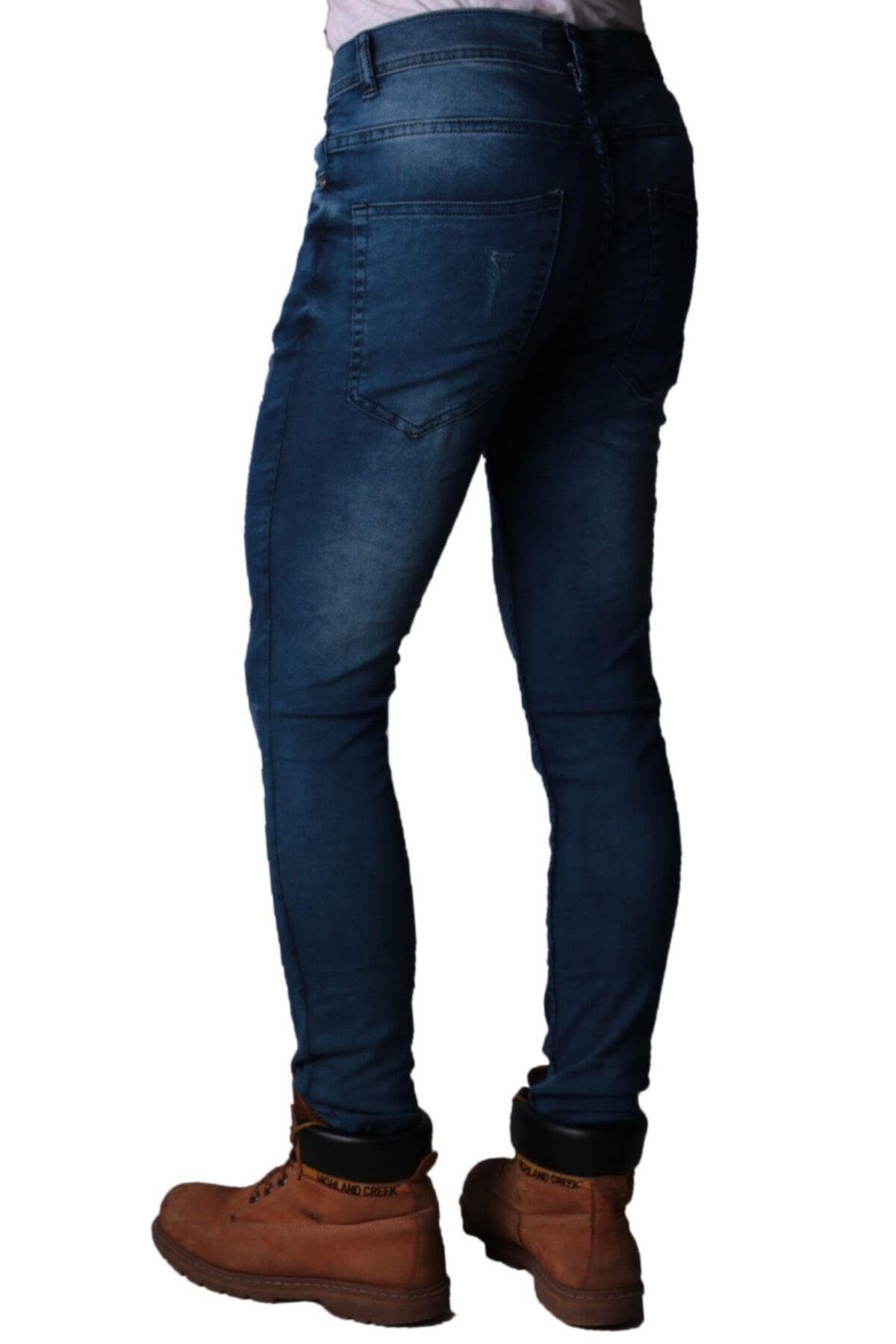 Erkek Slim Fit Denim Trend Spor Giyim Koyu Mavi Dstry Işlemli