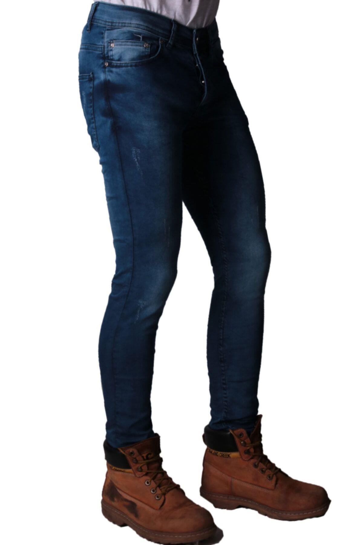 Erkek Slim Fit Denim Trend Spor Giyim Koyu Mavi Dstry Işlemli