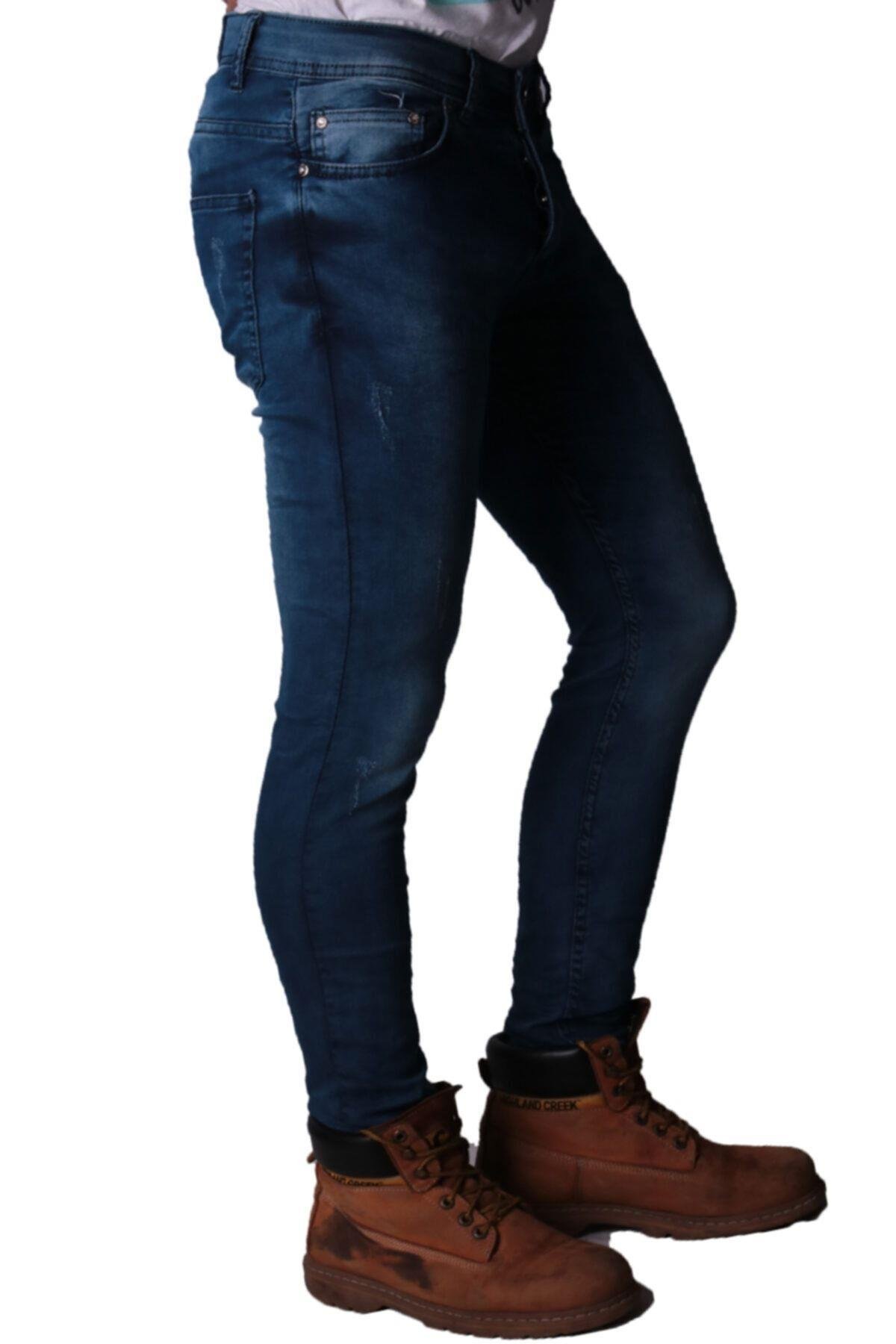 Erkek Slim Fit Denim Trend Spor Giyim Koyu Mavi Dstry Işlemli