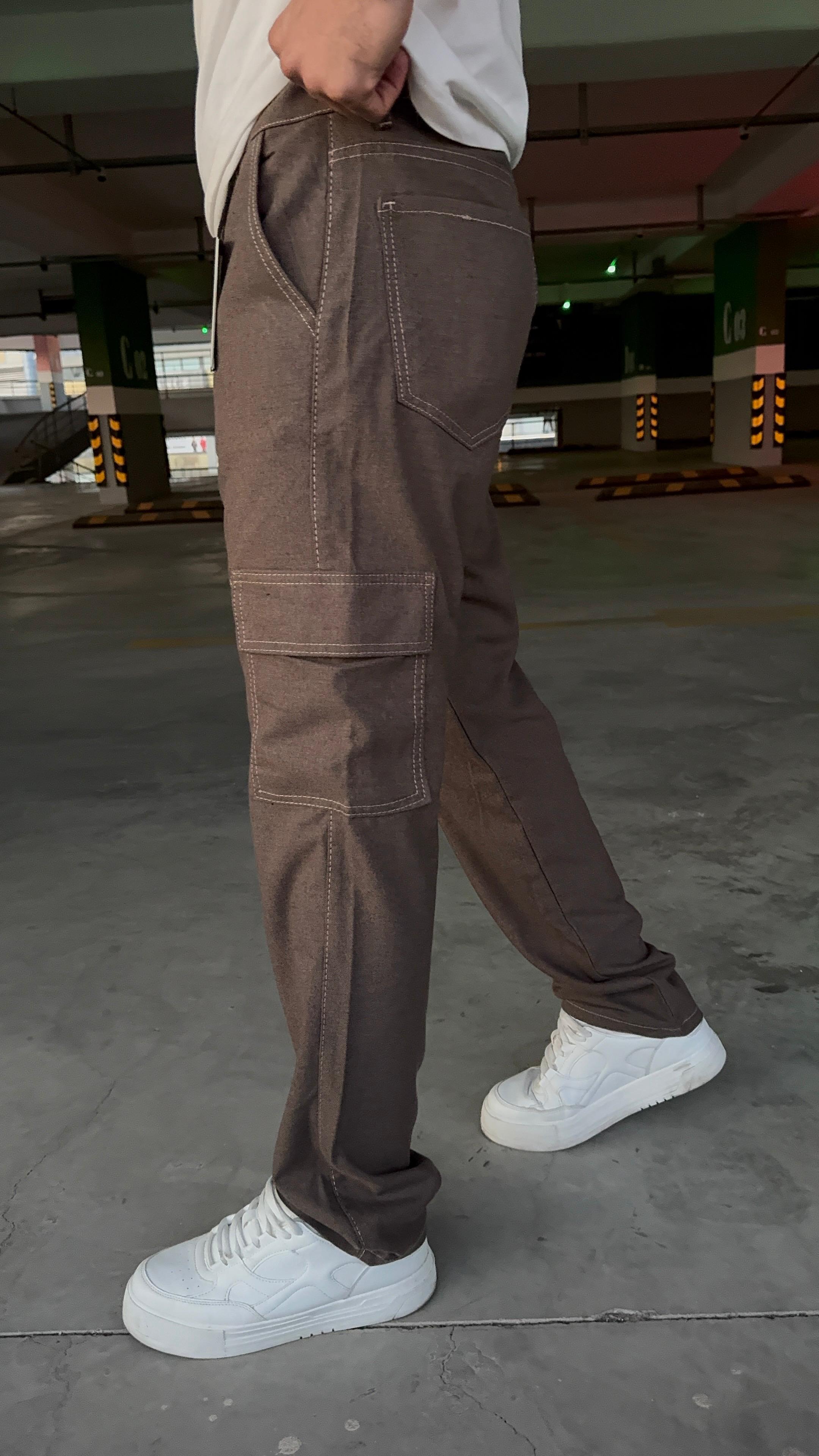 Erkek Viscon Kahverengi kargo cep Baggy Pantolon