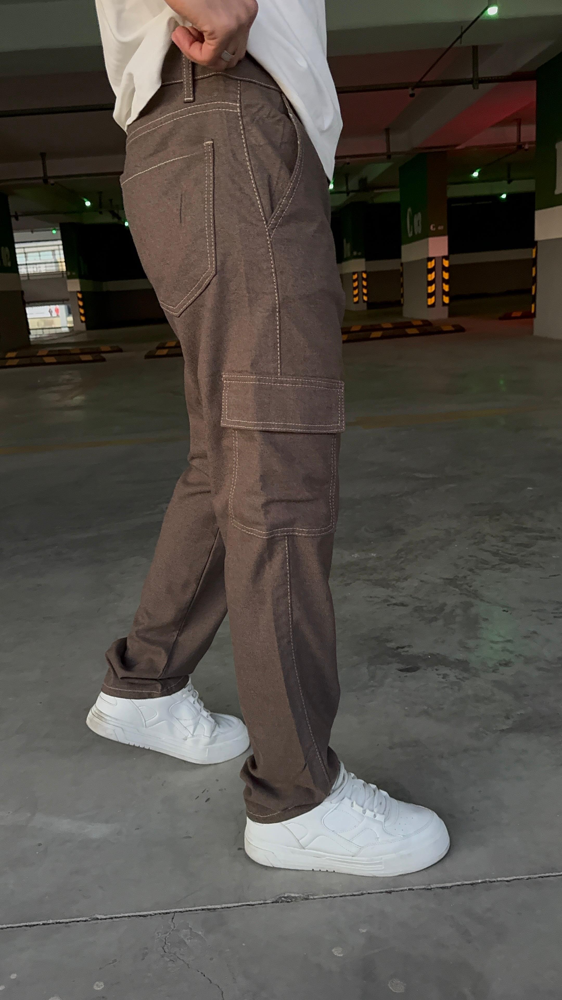 Erkek Viscon Kahverengi kargo cep Baggy Pantolon