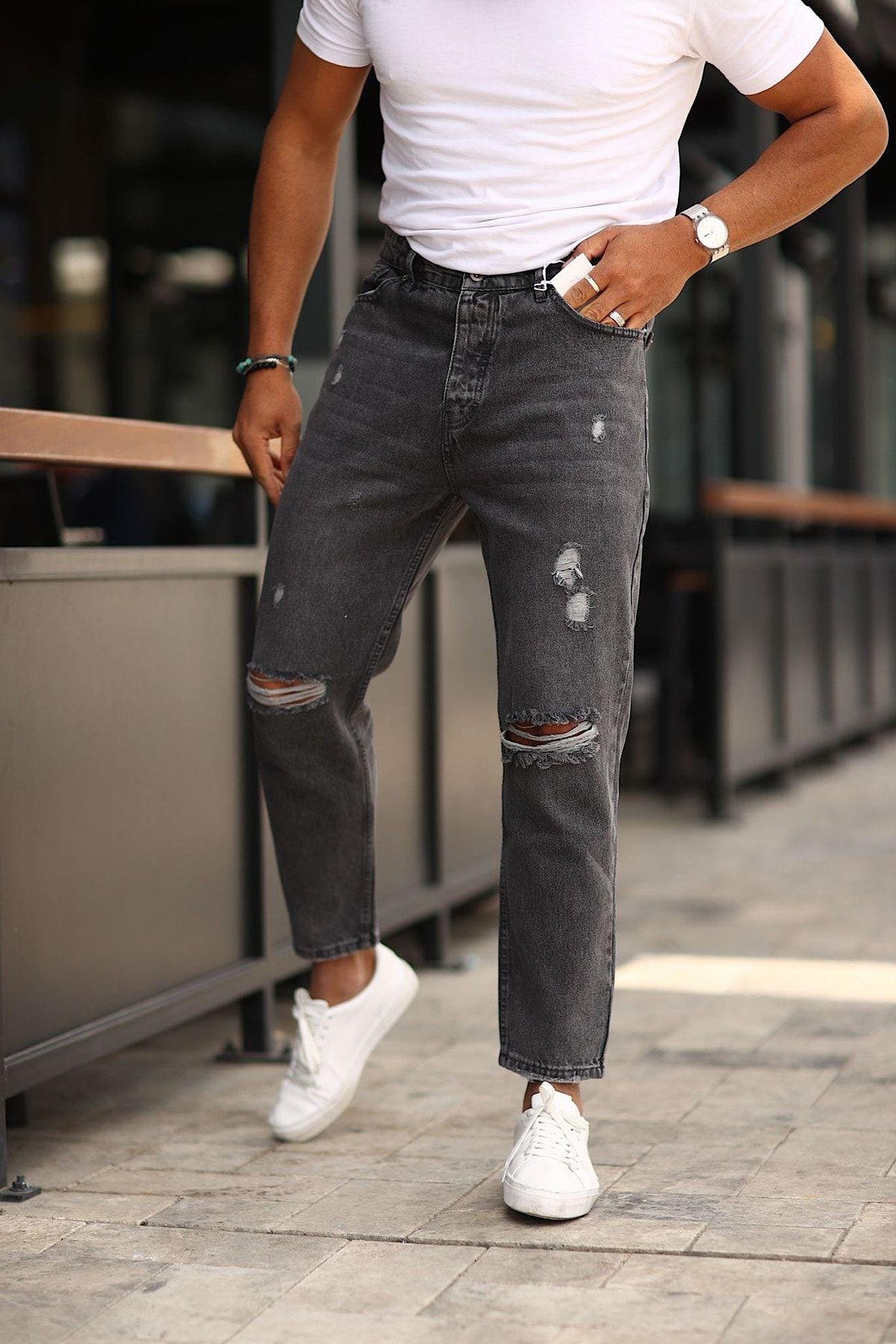 Füme Renk Rahat Kalıp Yırtık Model Kot Pantolon
