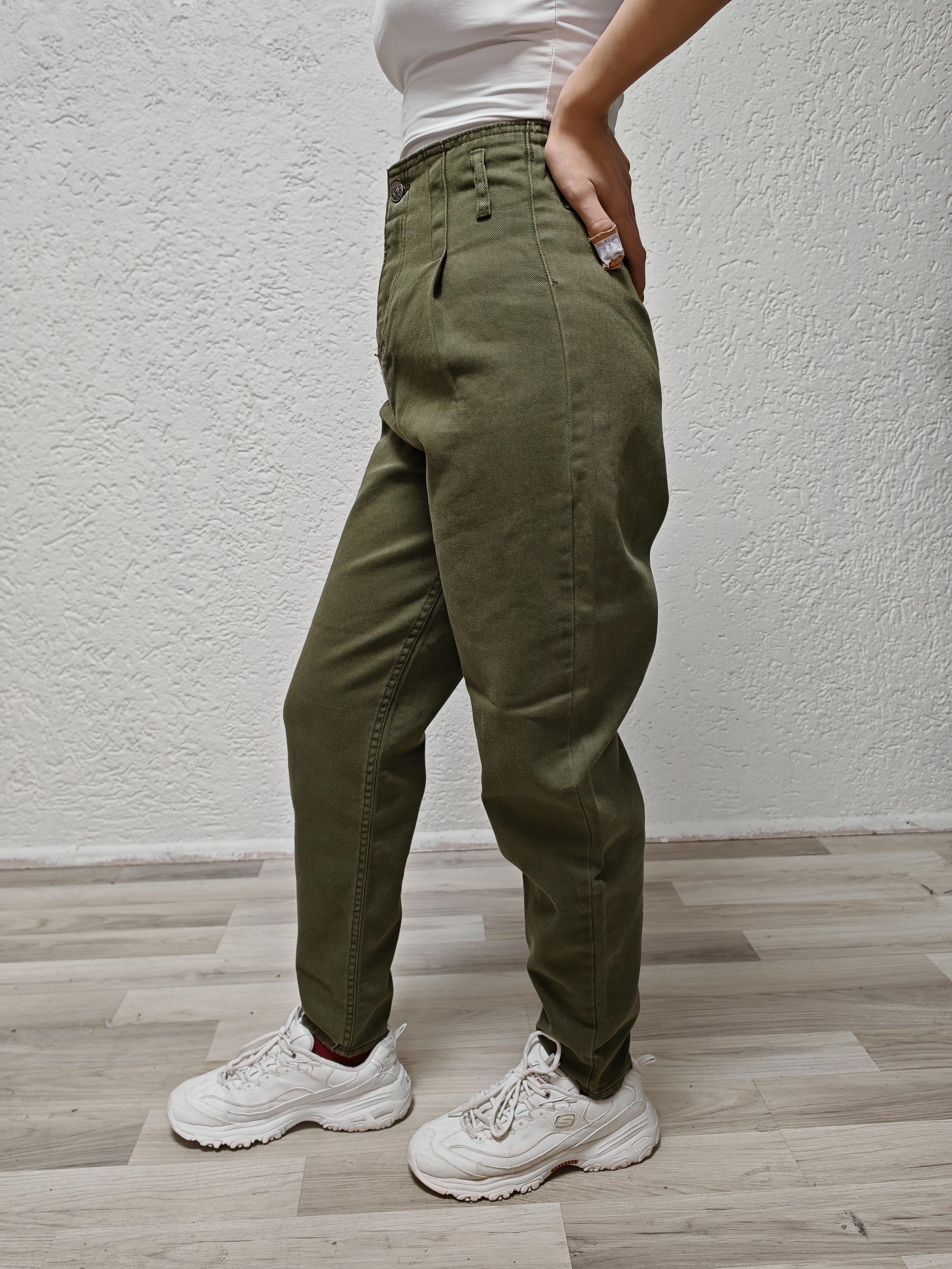 haki renk mom jean bel detaylı pantolon kadın