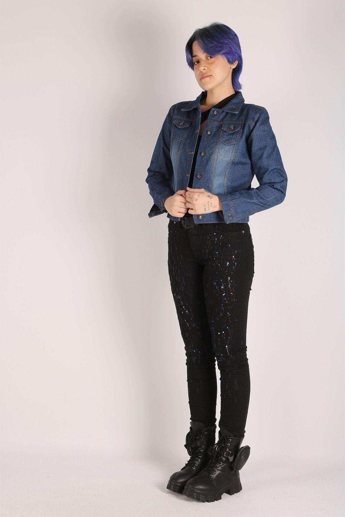 Kadın Kot Ceket Mavi Jeans Denim Kumaş