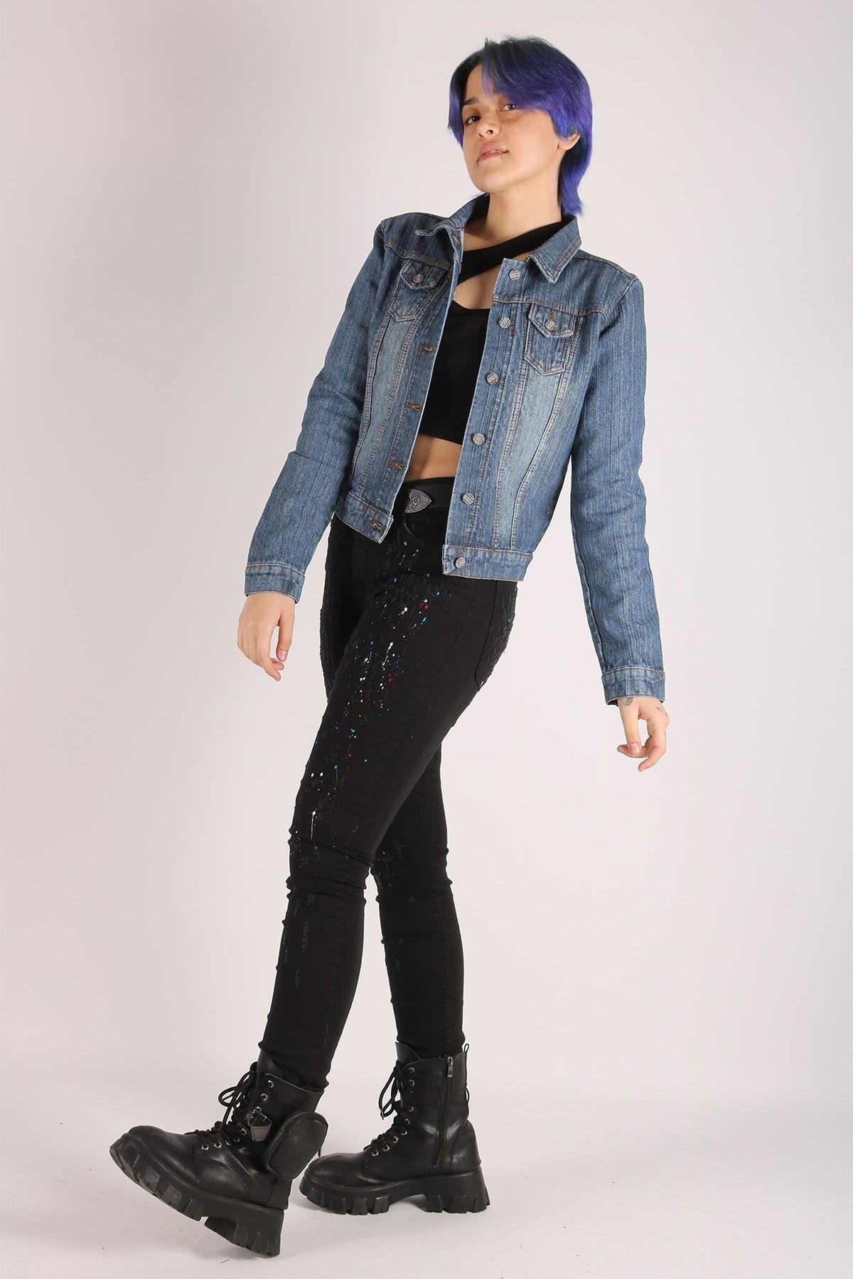 Kadın Kot Ceket Mavi Jeans Denim Kumaş