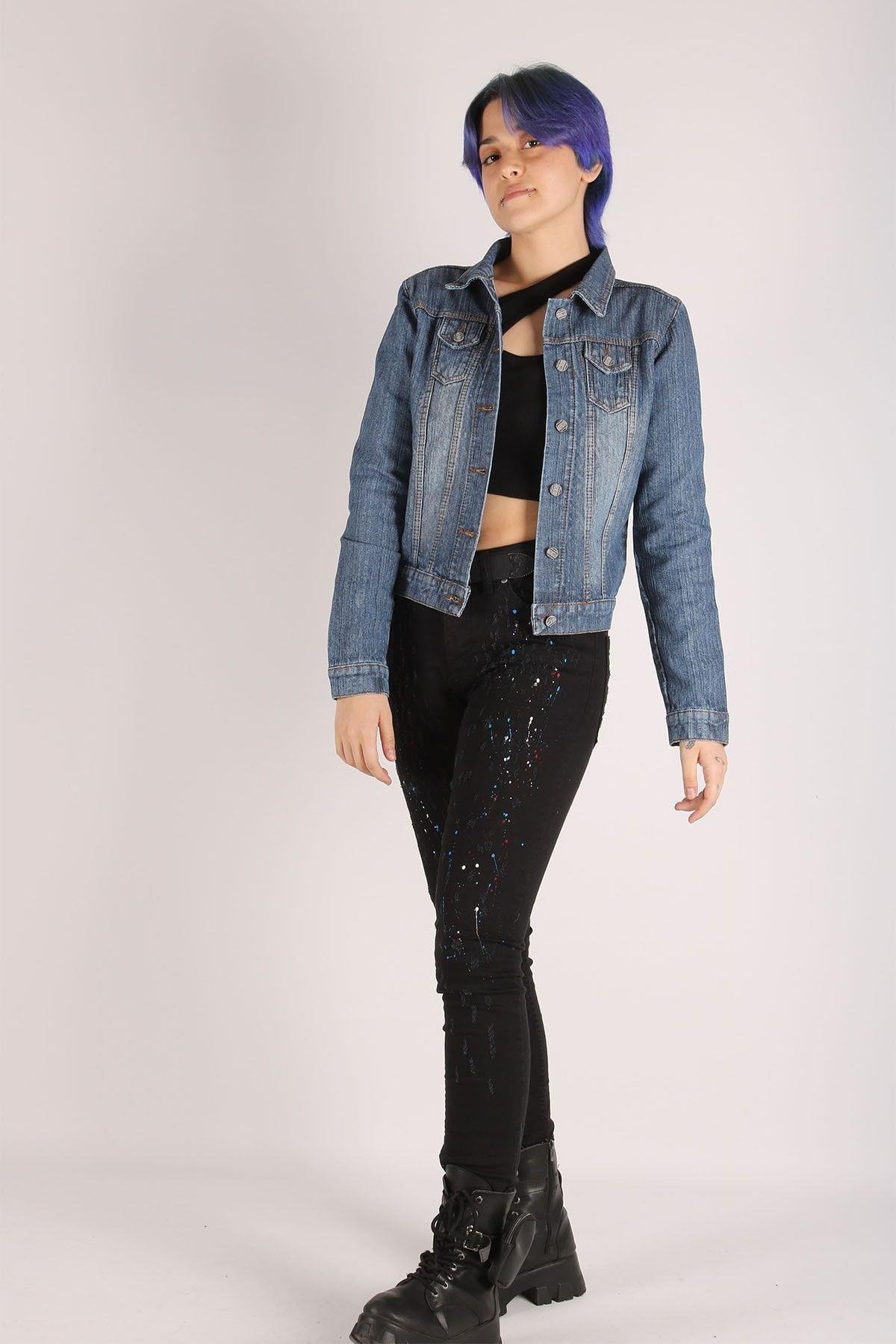 Kadın Kot Ceket Taşlanmış Jeans Denim Kumaş