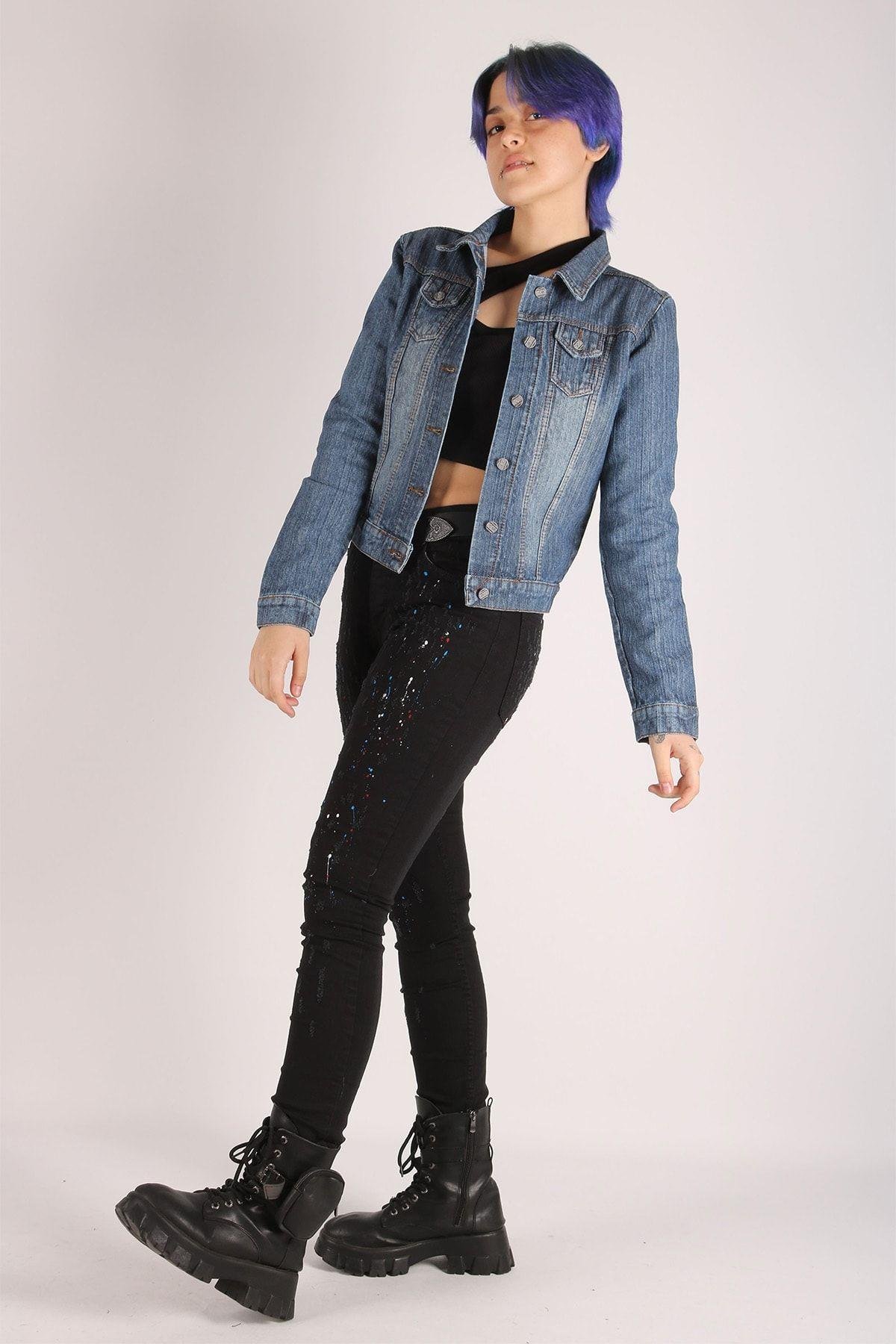 Kadın Kot Ceket Taşlanmış Jeans Denim Kumaş