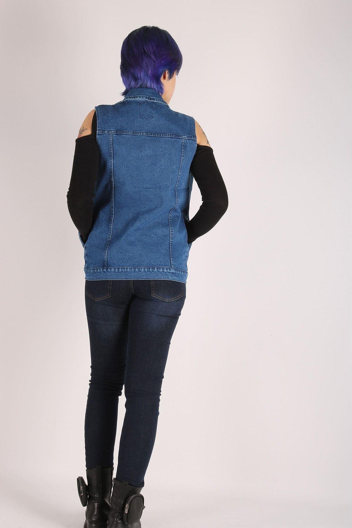 Kadın Kot Yelek - Elastik Jeans Denim Kumaş