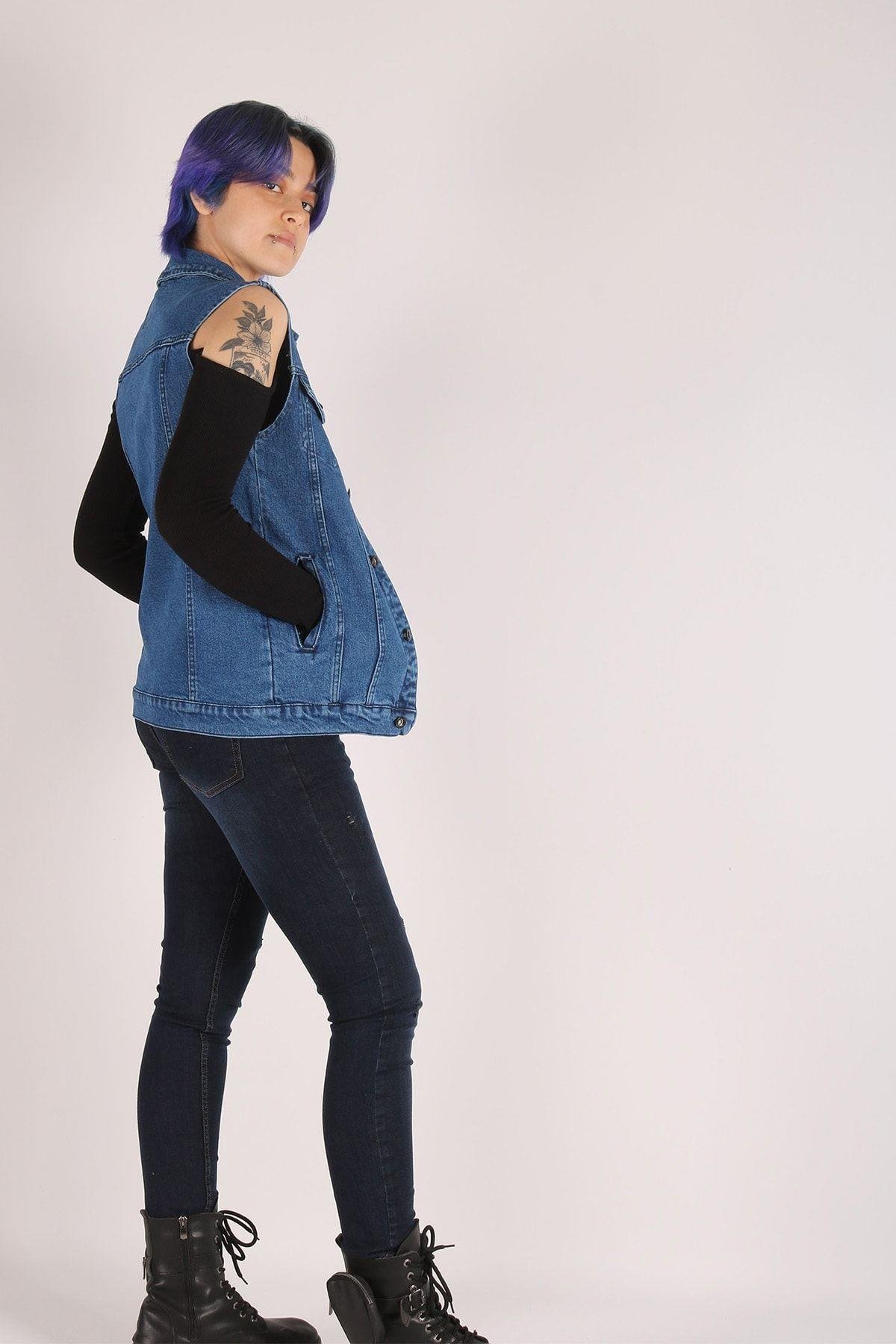 Kadın Kot Yelek - Elastik Jeans Denim Kumaş