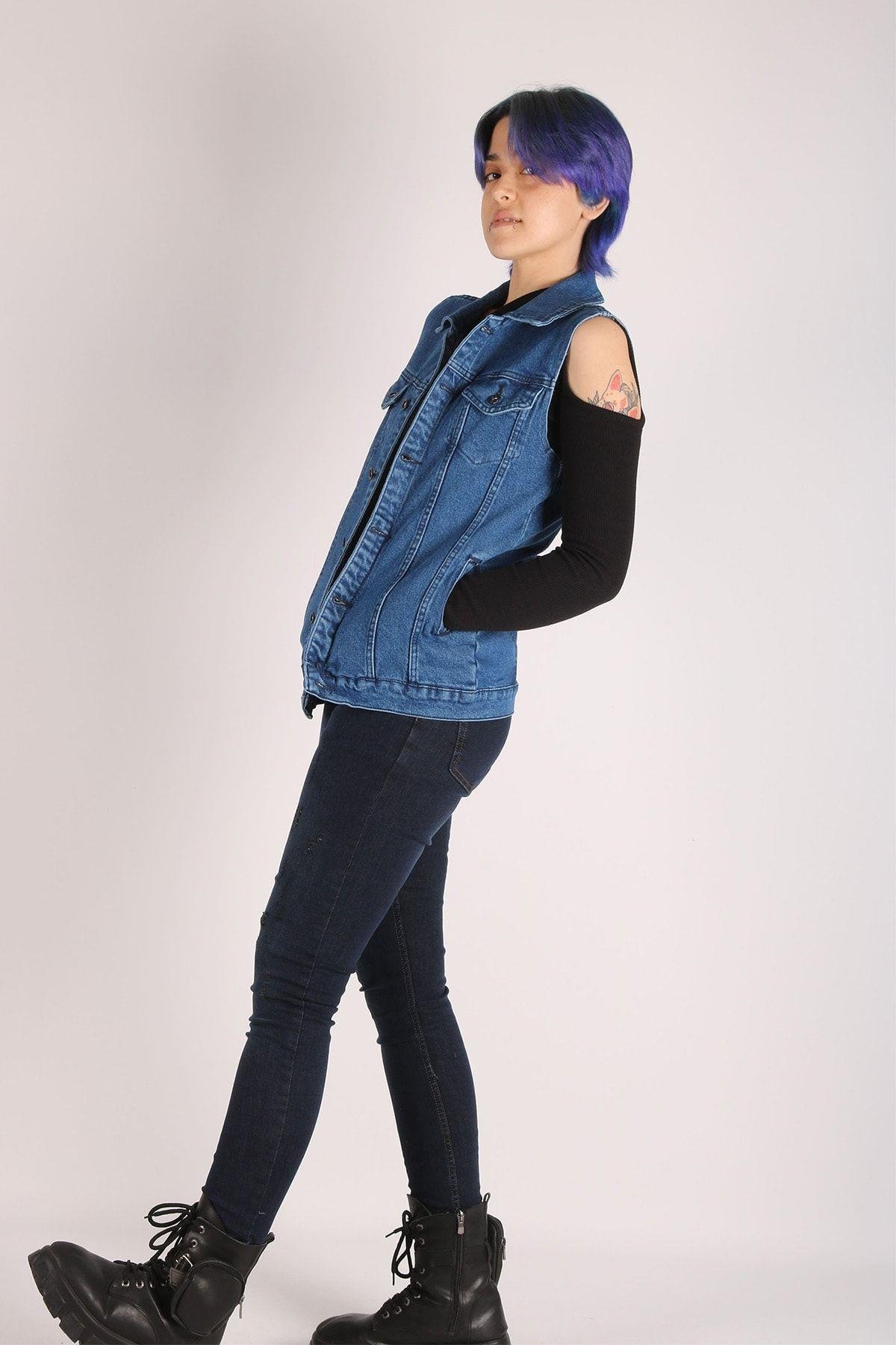 Kadın Kot Yelek - Elastik Jeans Denim Kumaş