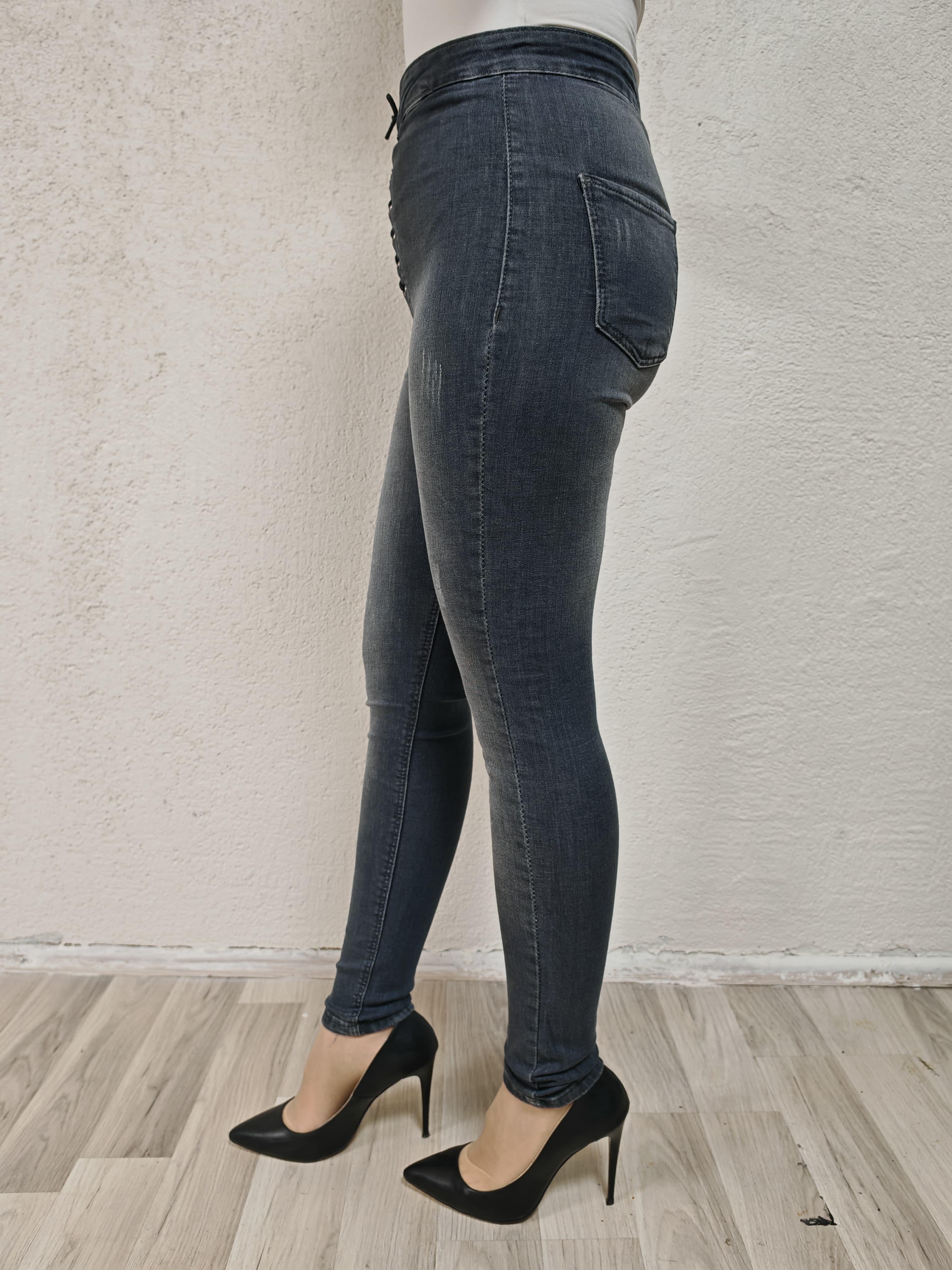 Kadın koyu füme bağcık detaylı slim fit pantolon