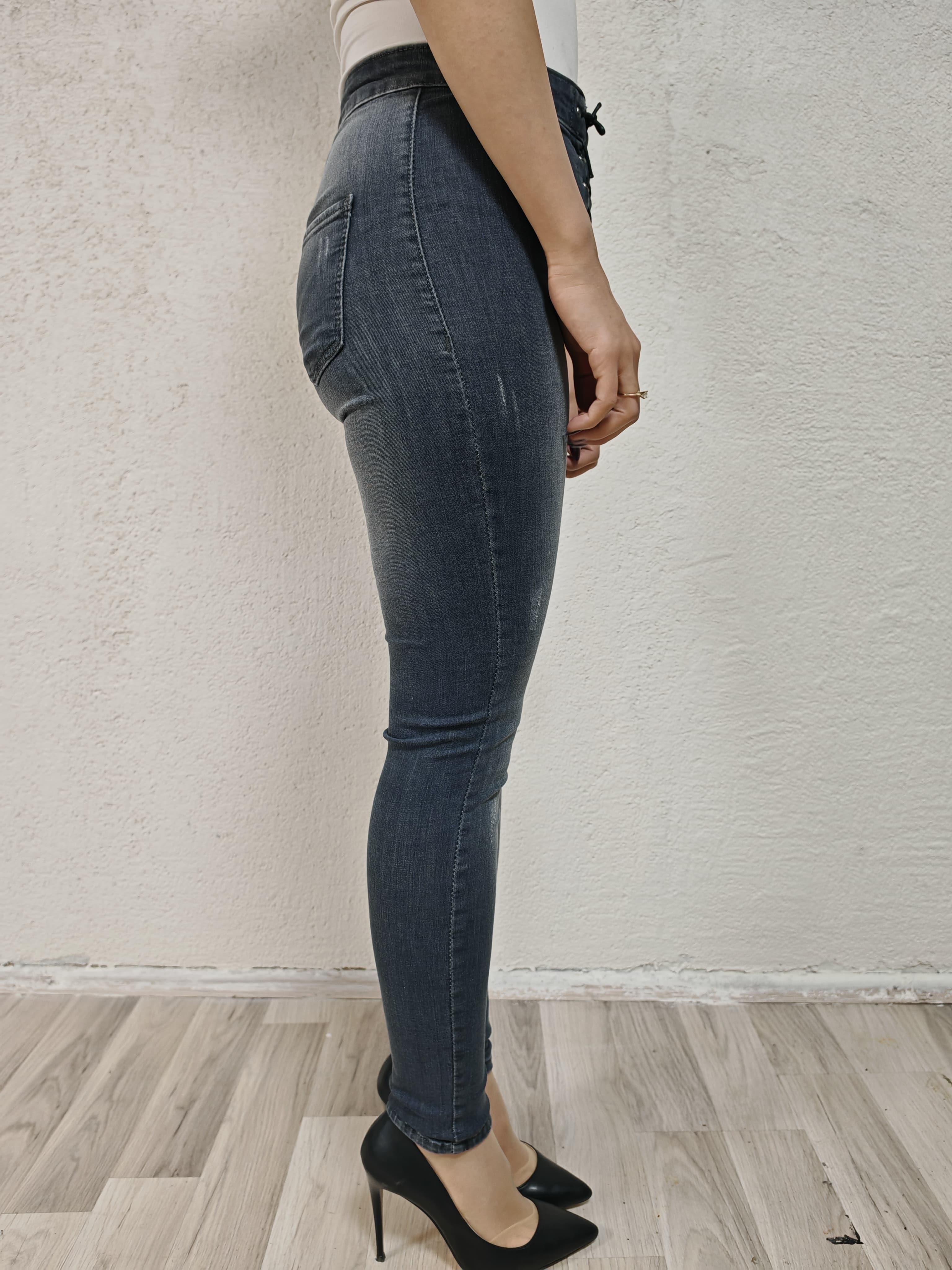 Kadın koyu füme bağcık detaylı slim fit pantolon