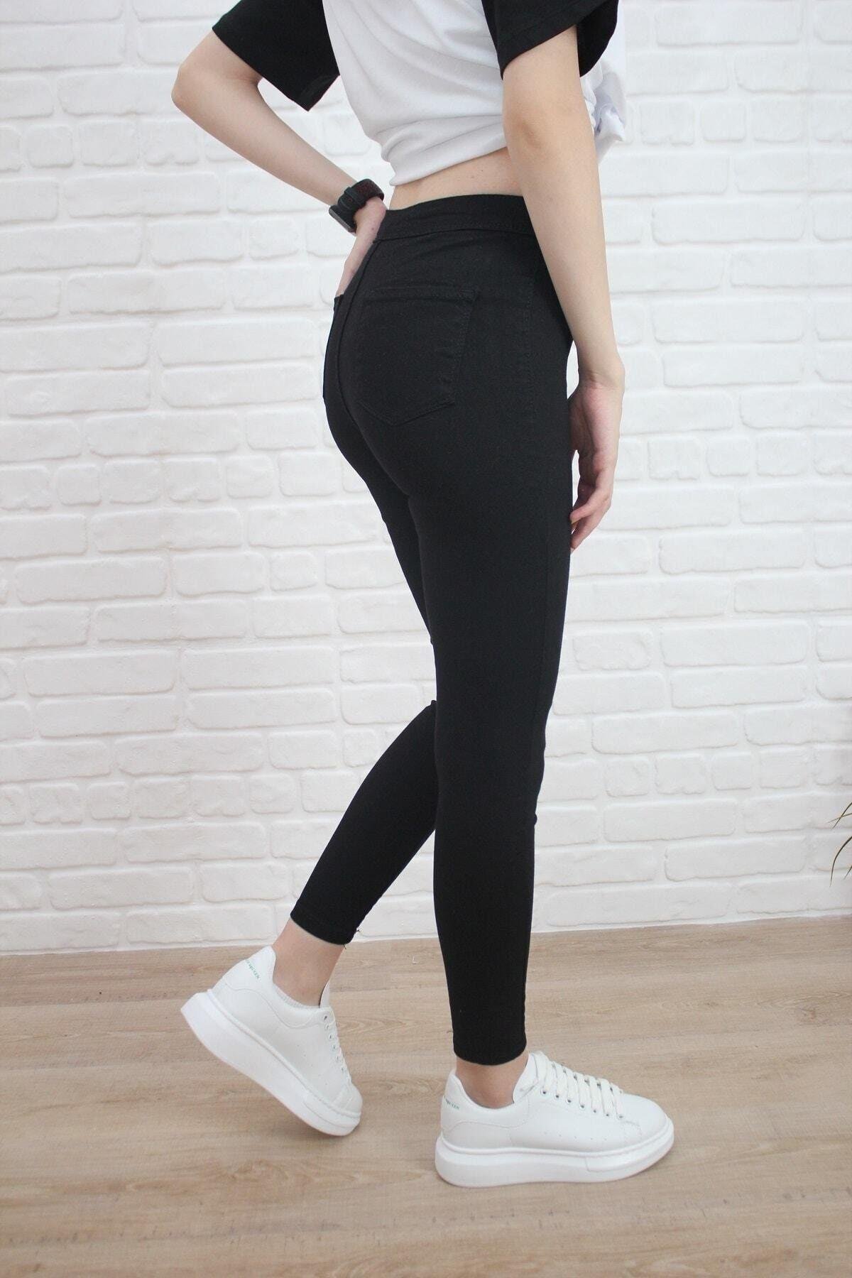 Kadın Siyah Yüksel Bel Likralı Dar Kesim Toparlayıcı Skinny Jean Kot Pantalon