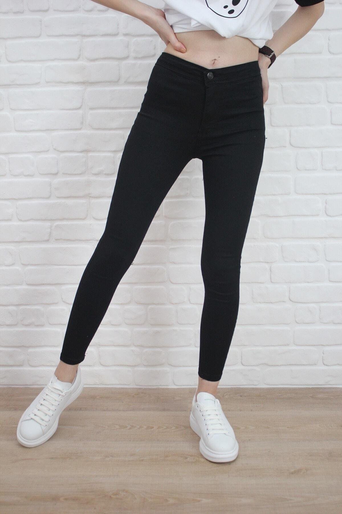 Kadın Siyah Yüksel Bel Likralı Dar Kesim Toparlayıcı Skinny Jean Kot Pantalon