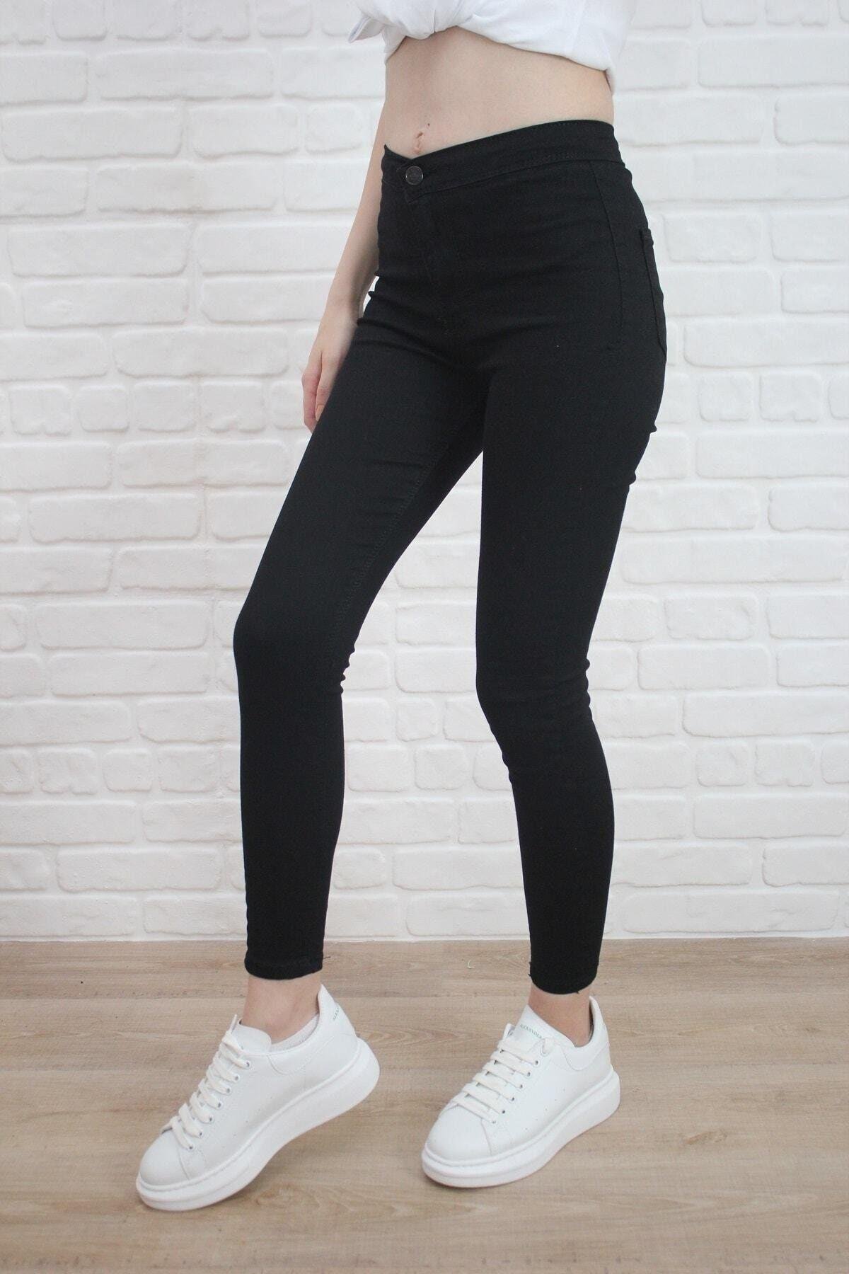 Kadın Siyah Yüksel Bel Likralı Dar Kesim Toparlayıcı Skinny Jean Kot Pantalon